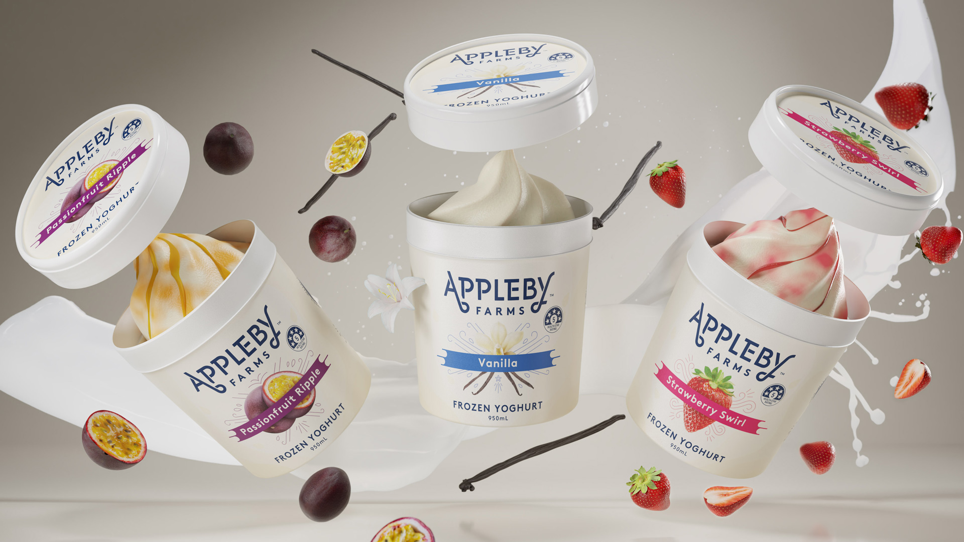 Appleby Farms frozen yoghurt range, photoreal CGI render