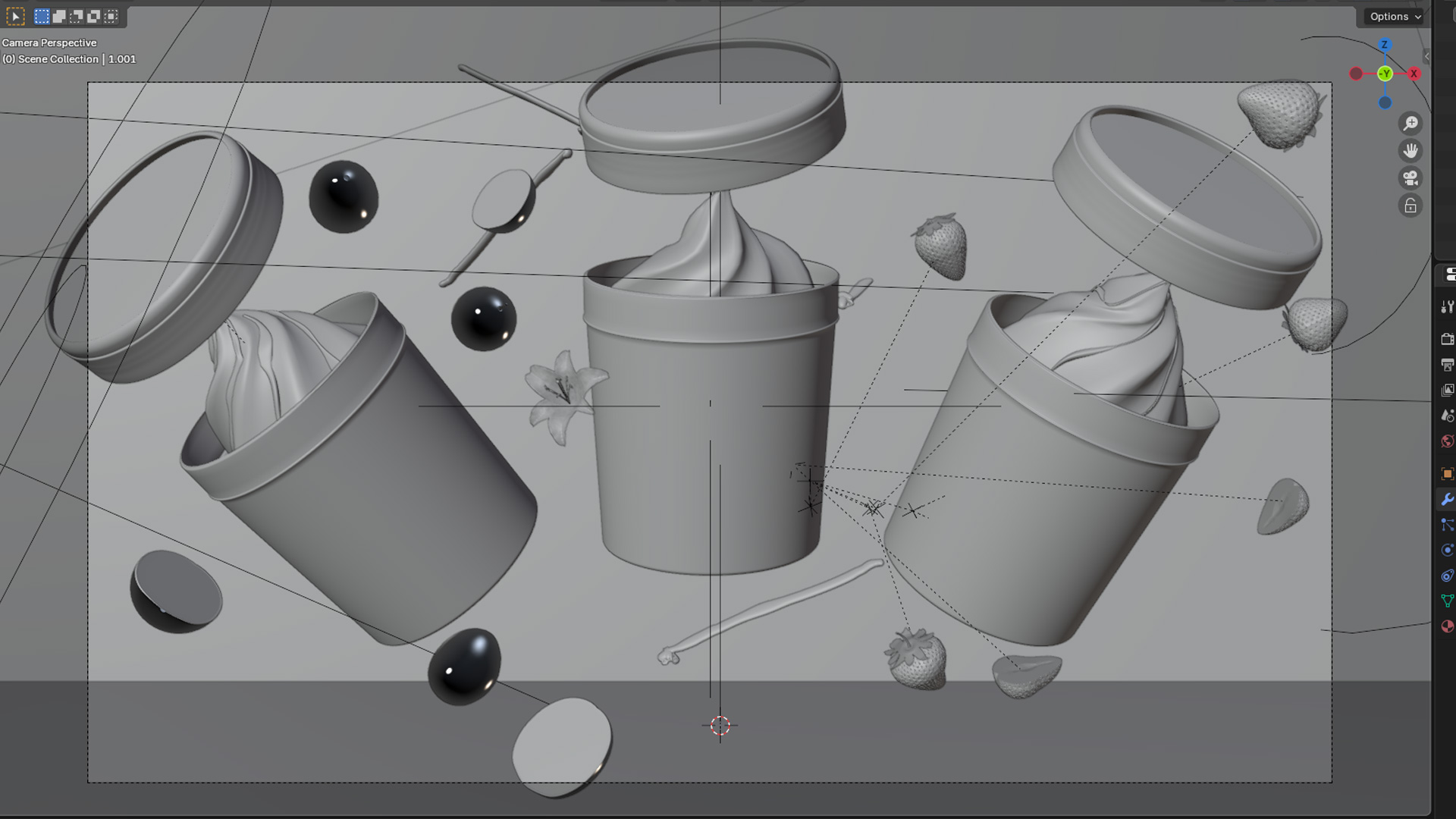 Appleby Farms frozen yoghurt all-flavours hero scene, Blender clay viewport breakdown of the full three-tub line-up