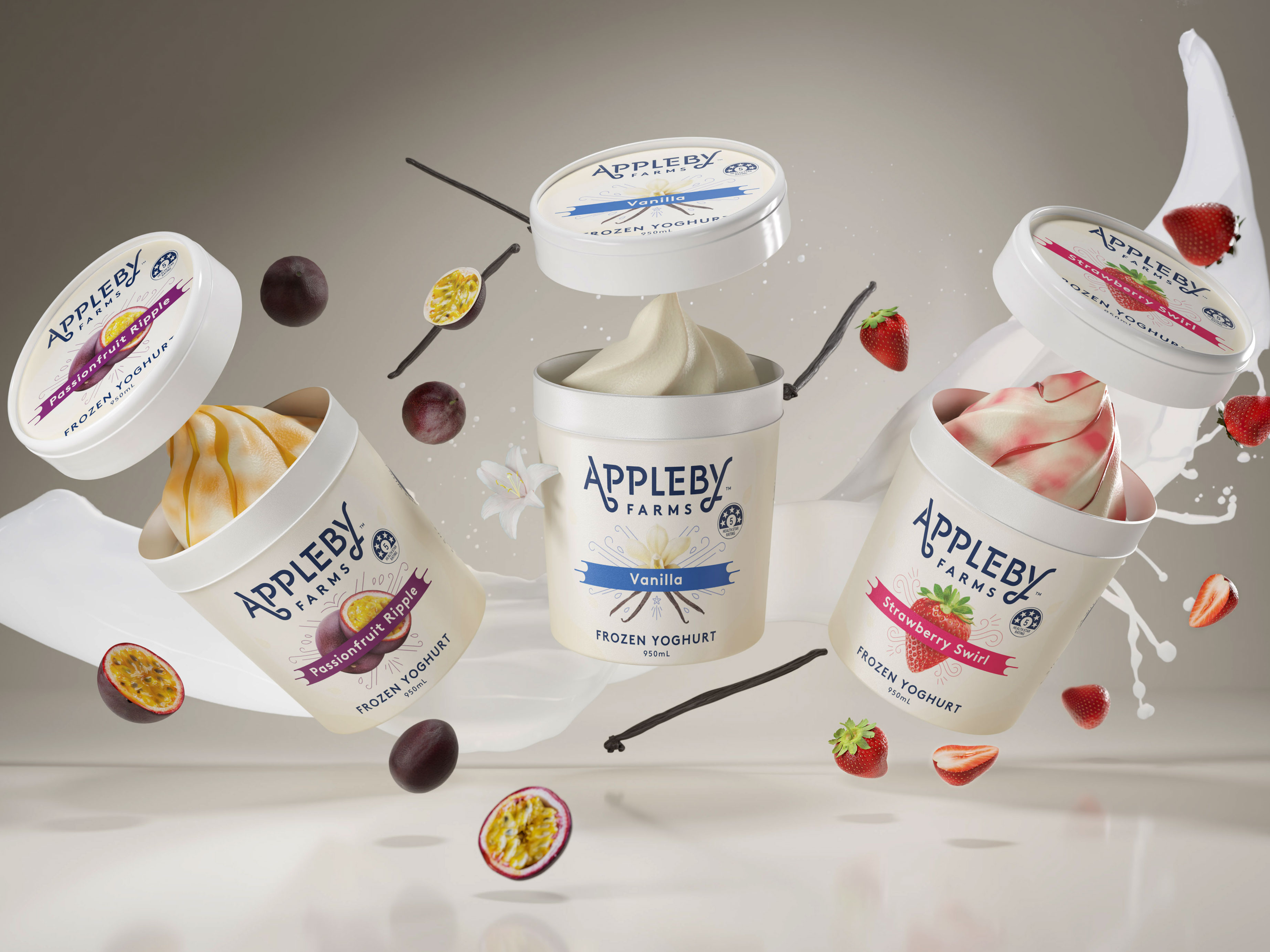 Appleby Farms frozen yoghurt range, photoreal CGI render of Vanilla, Strawberry Swirl and Passionfruit Ripple tubs