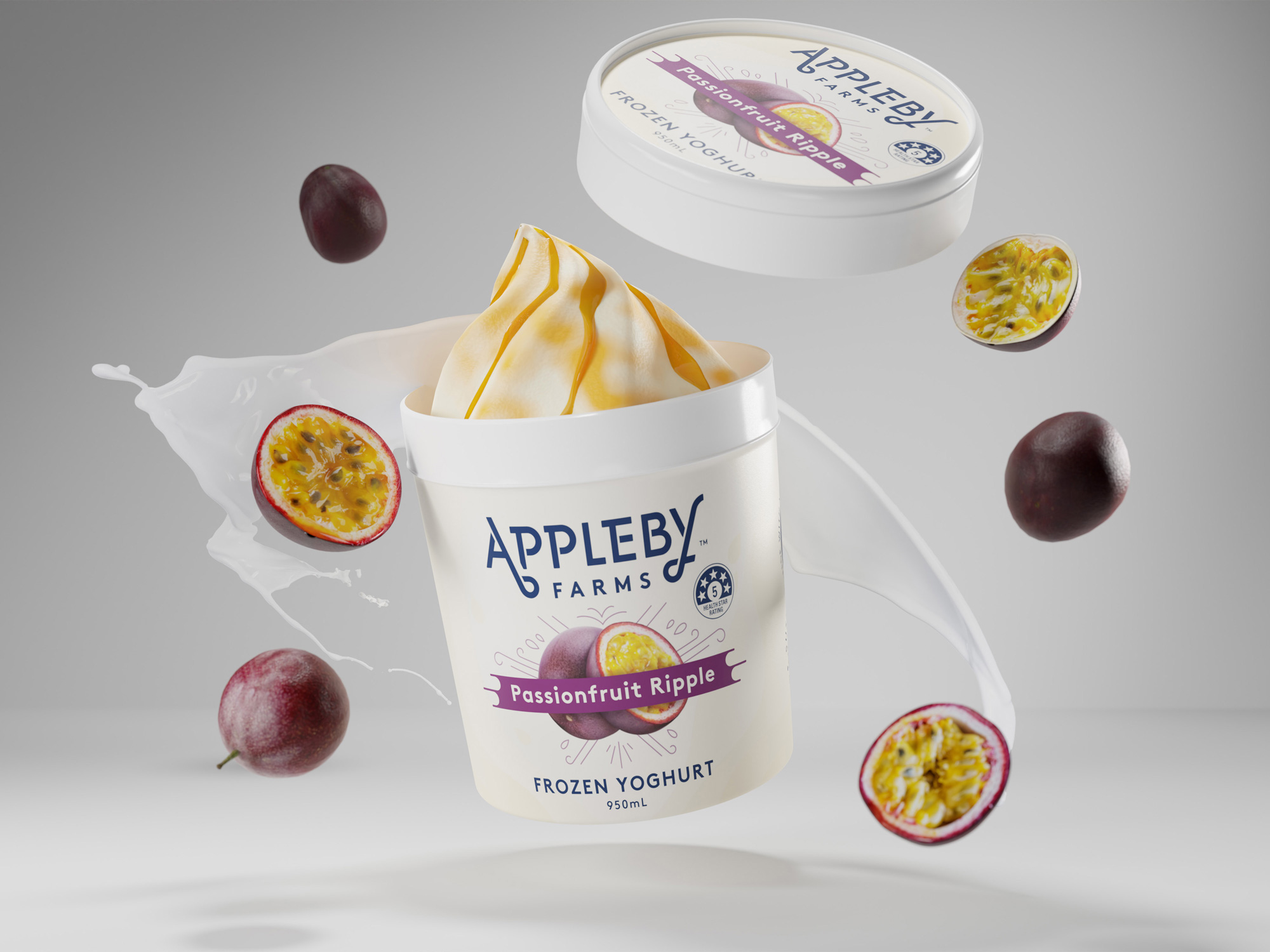 Appleby Farms Passionfruit Ripple frozen yoghurt tub, photoreal CGI render with passionfruit-rippled soft serve and fresh passionfruit