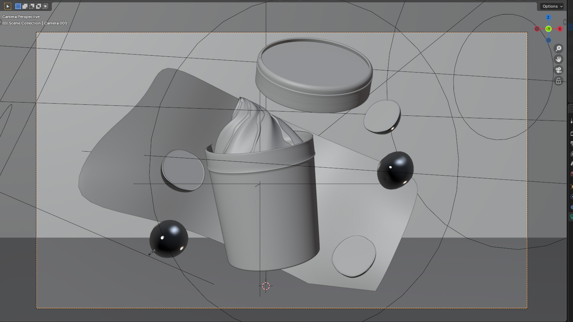 Appleby Farms Passionfruit Ripple frozen yoghurt scene, Blender clay viewport breakdown showing tub modelling and layout