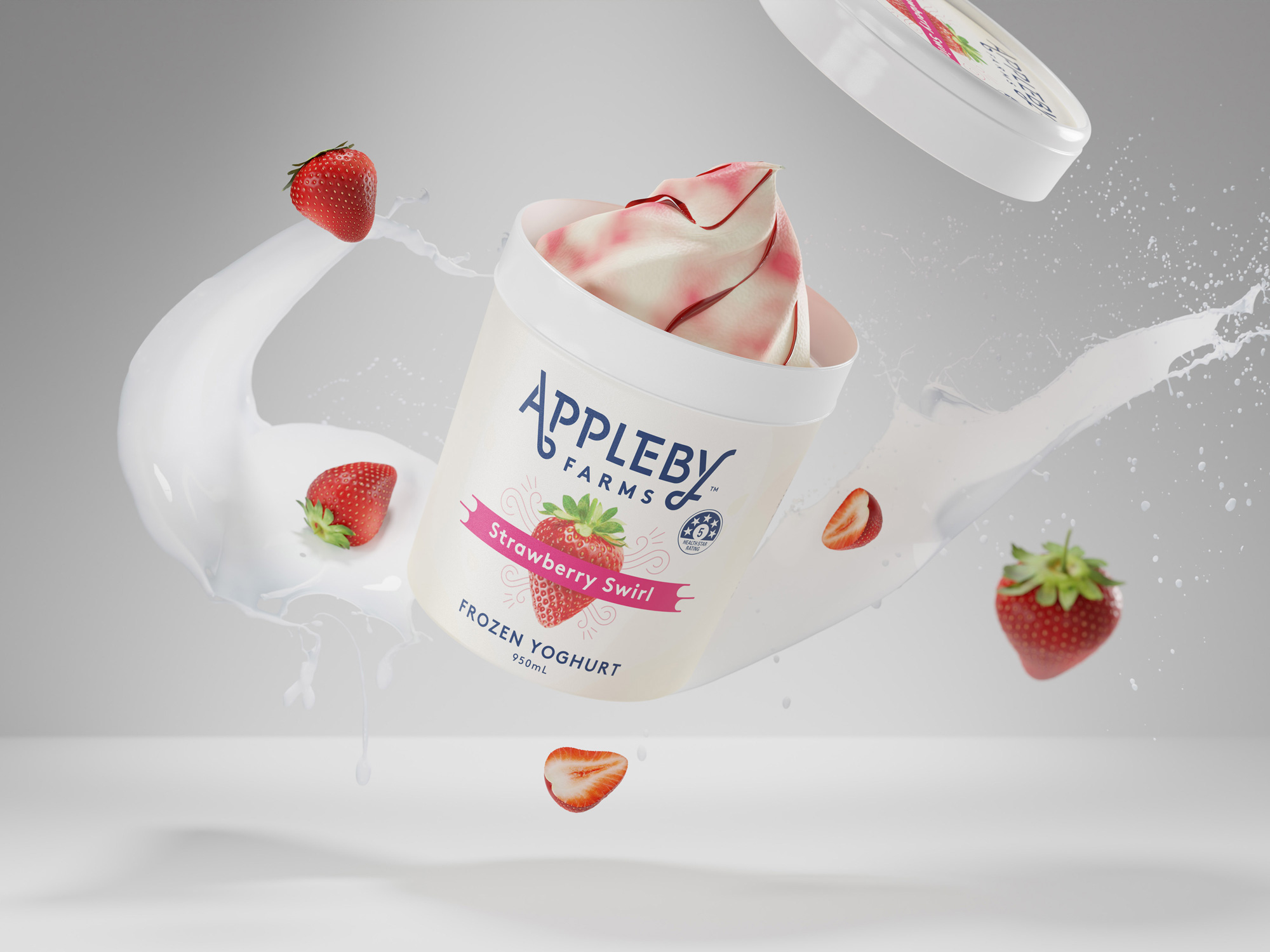 Appleby Farms Strawberry Swirl frozen yoghurt tub, photoreal CGI render with strawberry-rippled soft serve and fresh strawberries