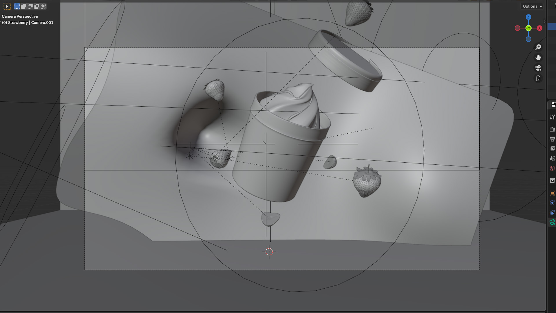 Appleby Farms Strawberry Swirl frozen yoghurt scene, Blender clay viewport breakdown showing tub modelling and layout