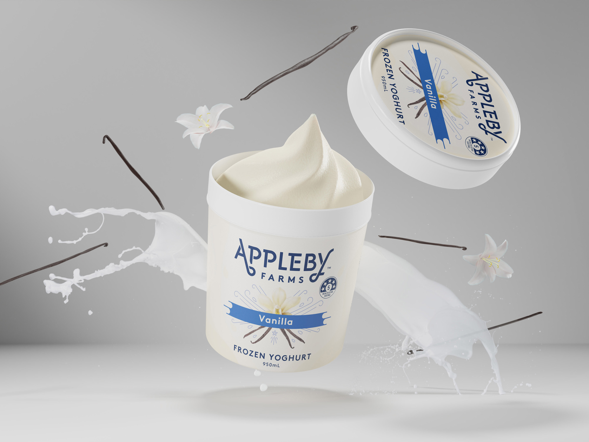 Appleby Farms Vanilla frozen yoghurt tub, photoreal CGI render with soft-serve swirl, vanilla pods and milk splash