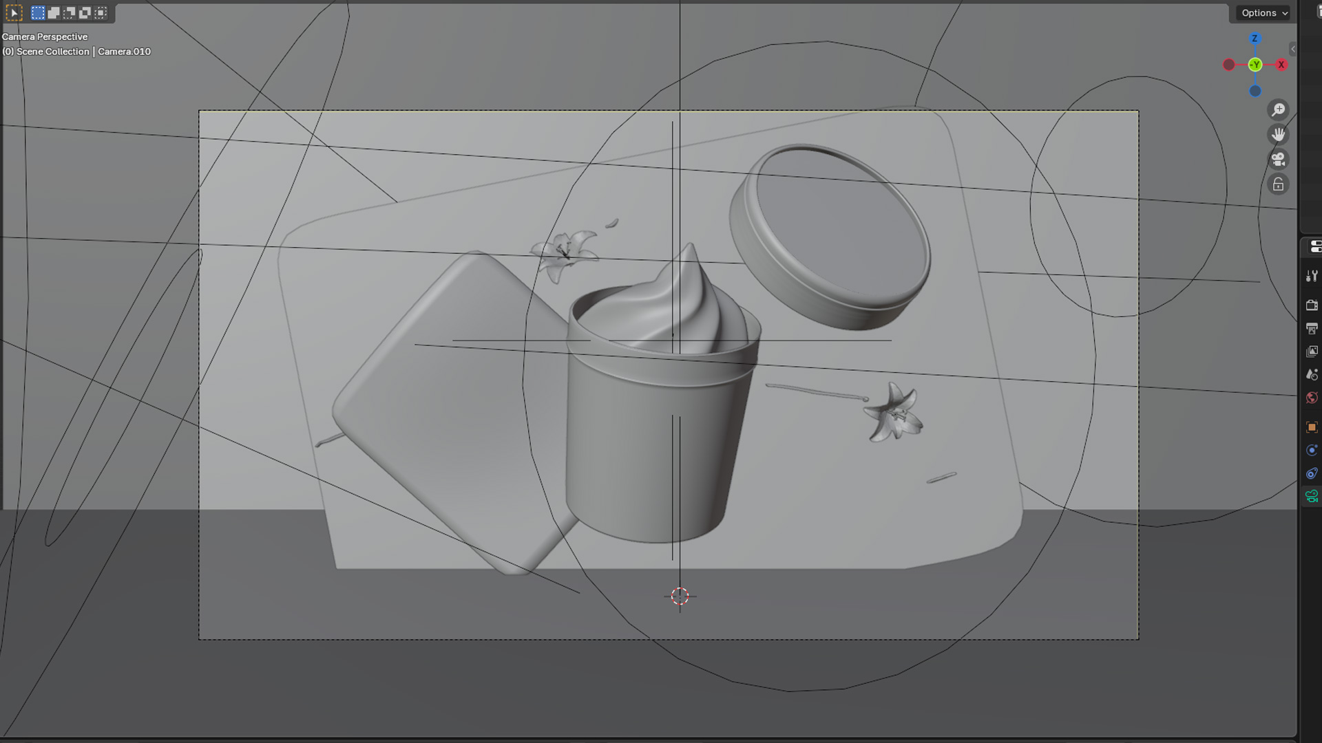 Appleby Farms Vanilla frozen yoghurt scene, Blender clay viewport breakdown showing tub modelling and layout