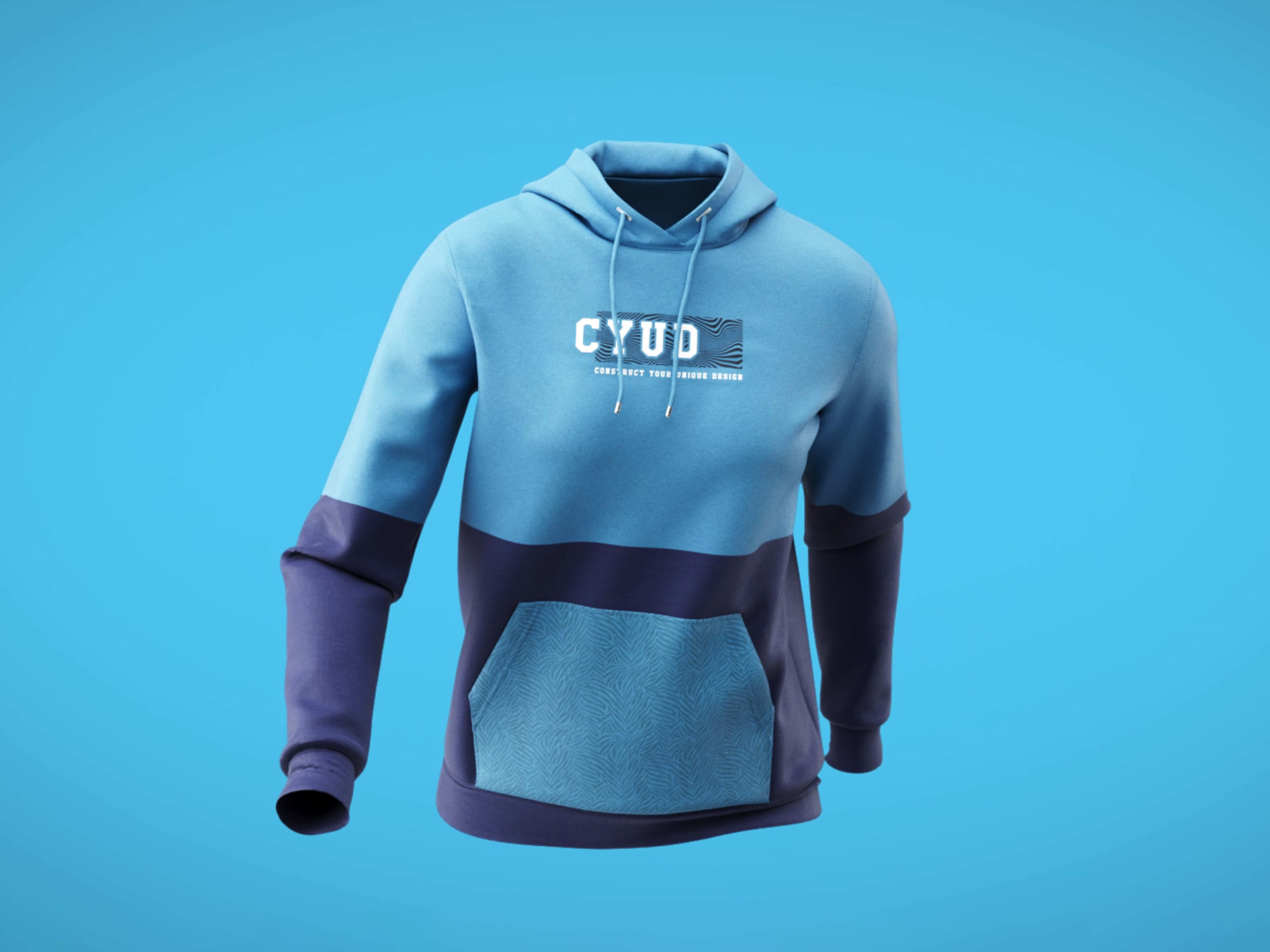 Women's fleece hoodie print variant frame, photoreal CGI apparel render