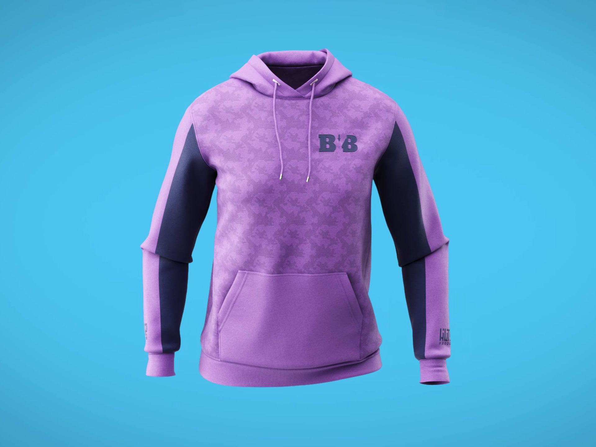 Women's fleece hoodie colorway detail frame, photoreal CGI apparel render