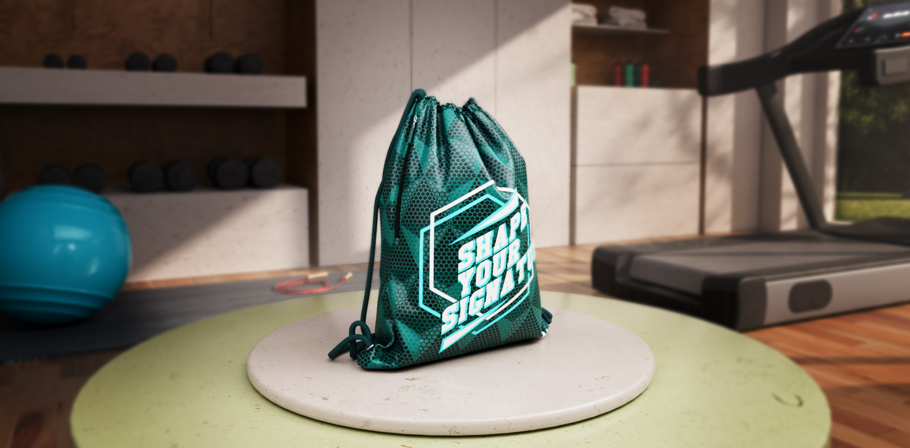 Hutter Products 13L gymsack in a gym scene, cinematic CGI hero render in Cinema 4D and Redshift
