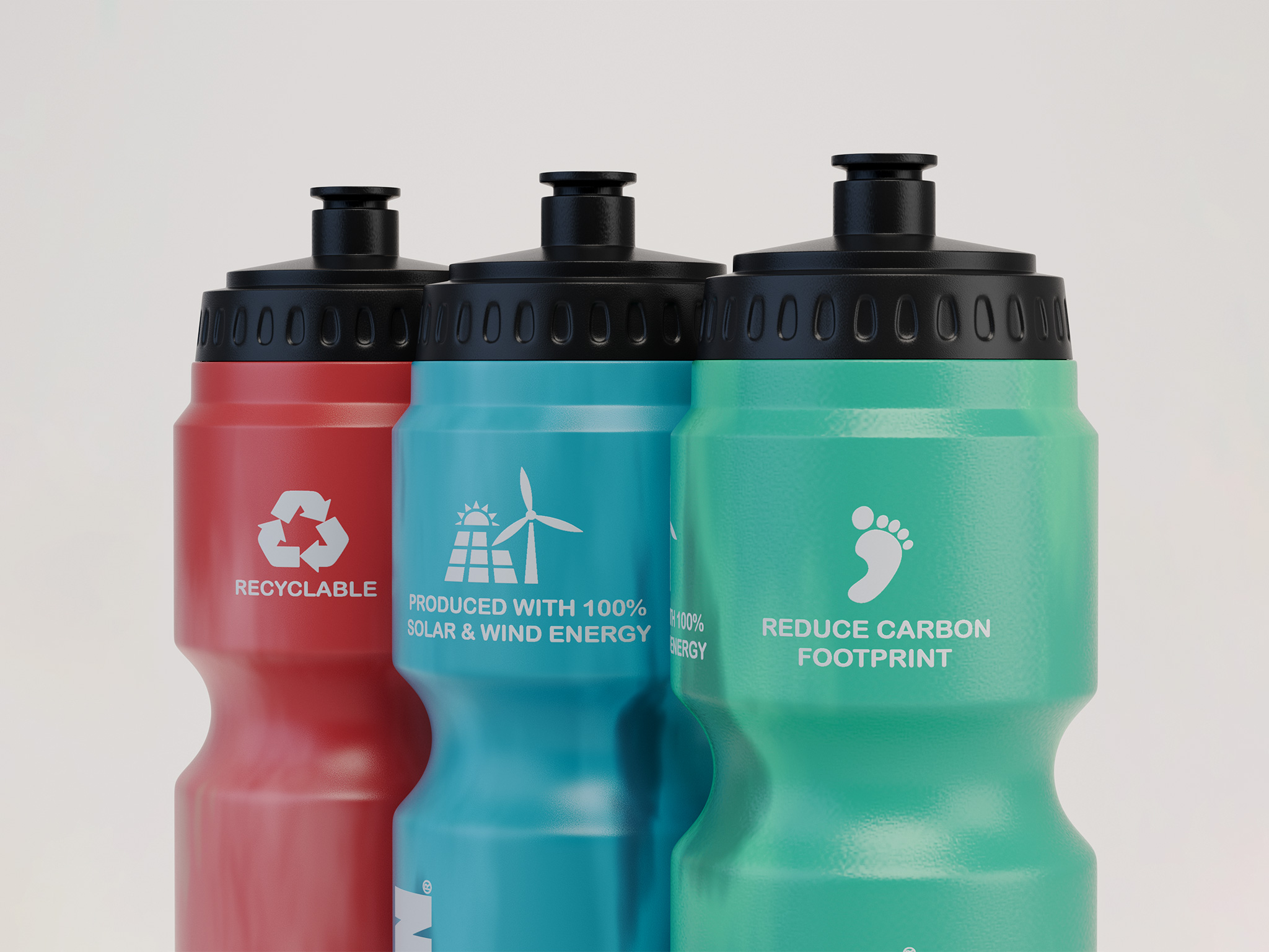 Ironman recycled squeeze bottle, close detail of branding and recycled-plastic finish, photoreal CGI render