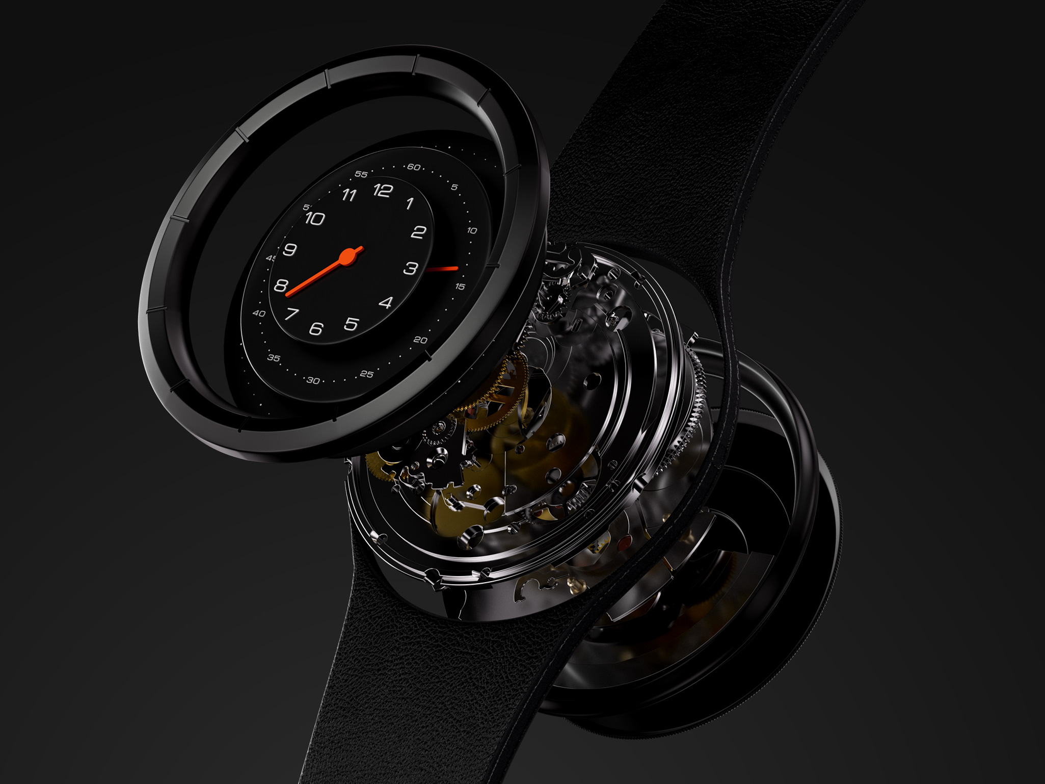 Luxury Swiss watch exploded view, internal layers unpacked, photoreal CGI render in Cinema 4D and Redshift