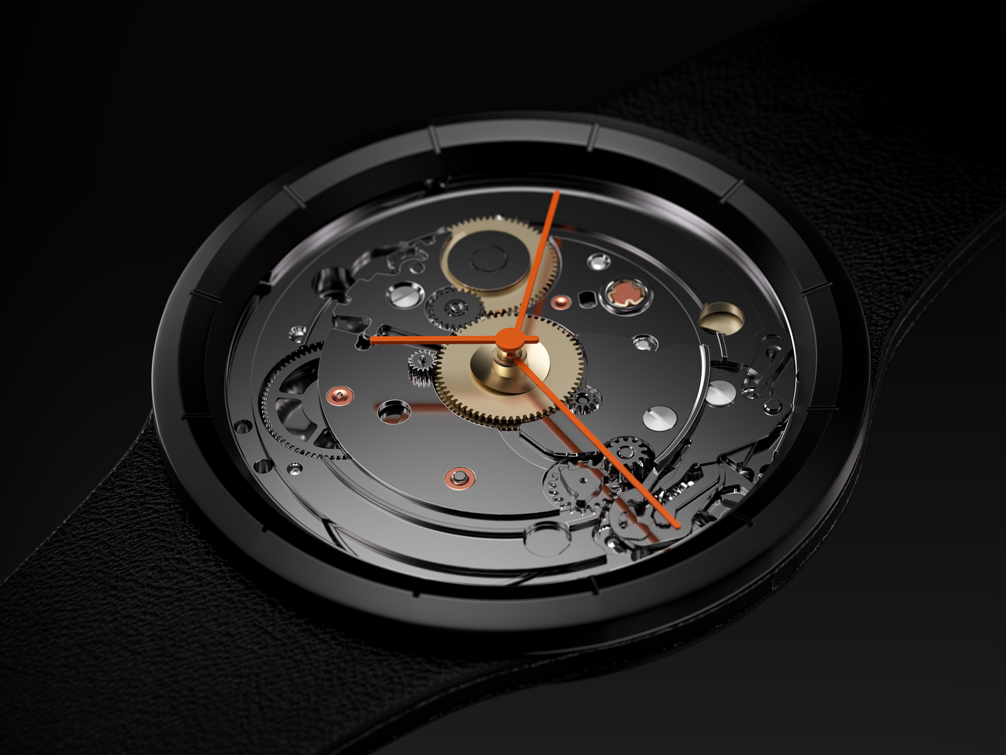 Luxury Swiss watch three-layer face detail, photoreal CGI exploded-view render