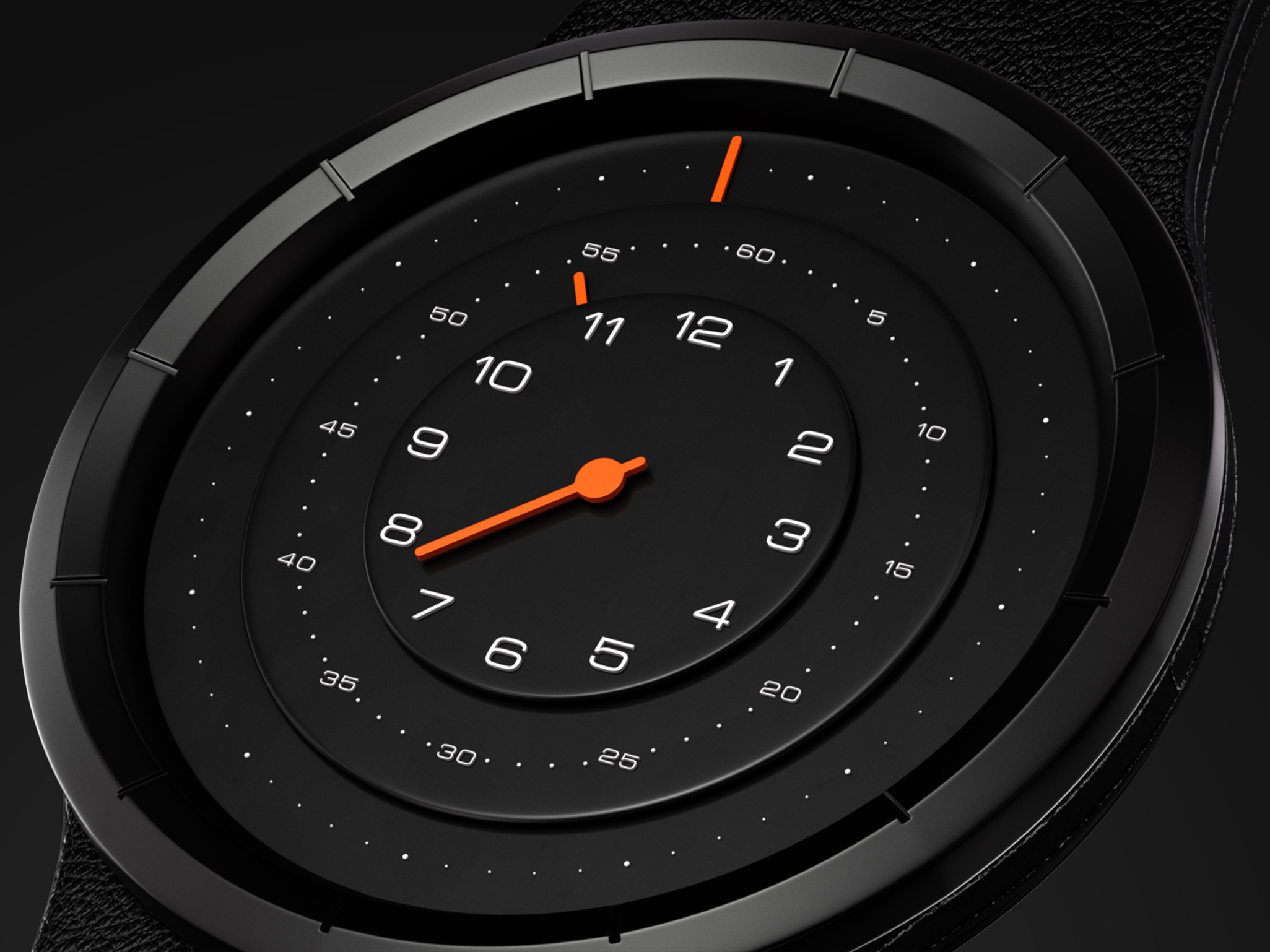 Luxury Swiss watch components and single-piece strap, photoreal CGI exploded-view render