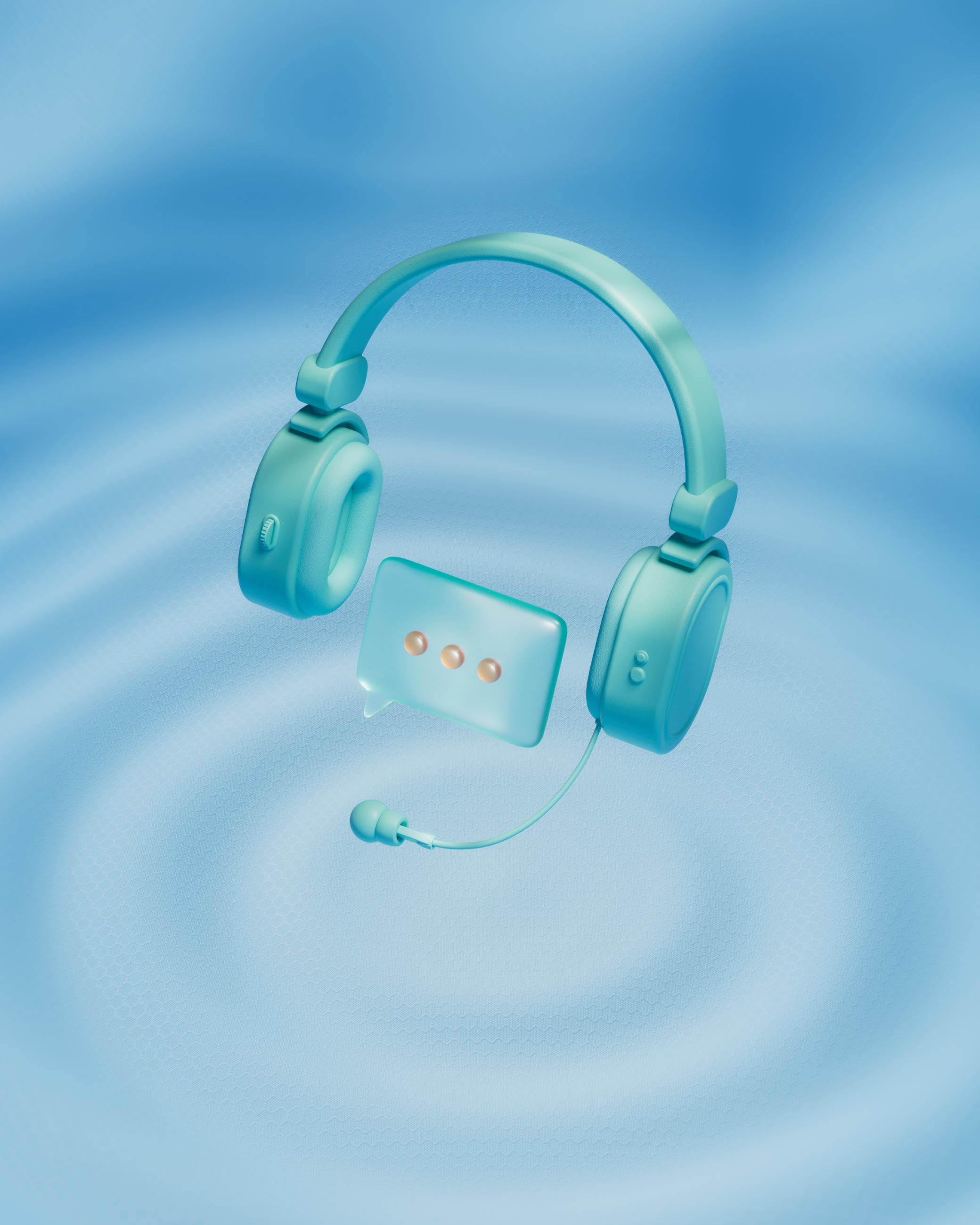 MerchandAise 24/7 support, a soft headset with a chat-bubble mic floating over rippling water, CGI render