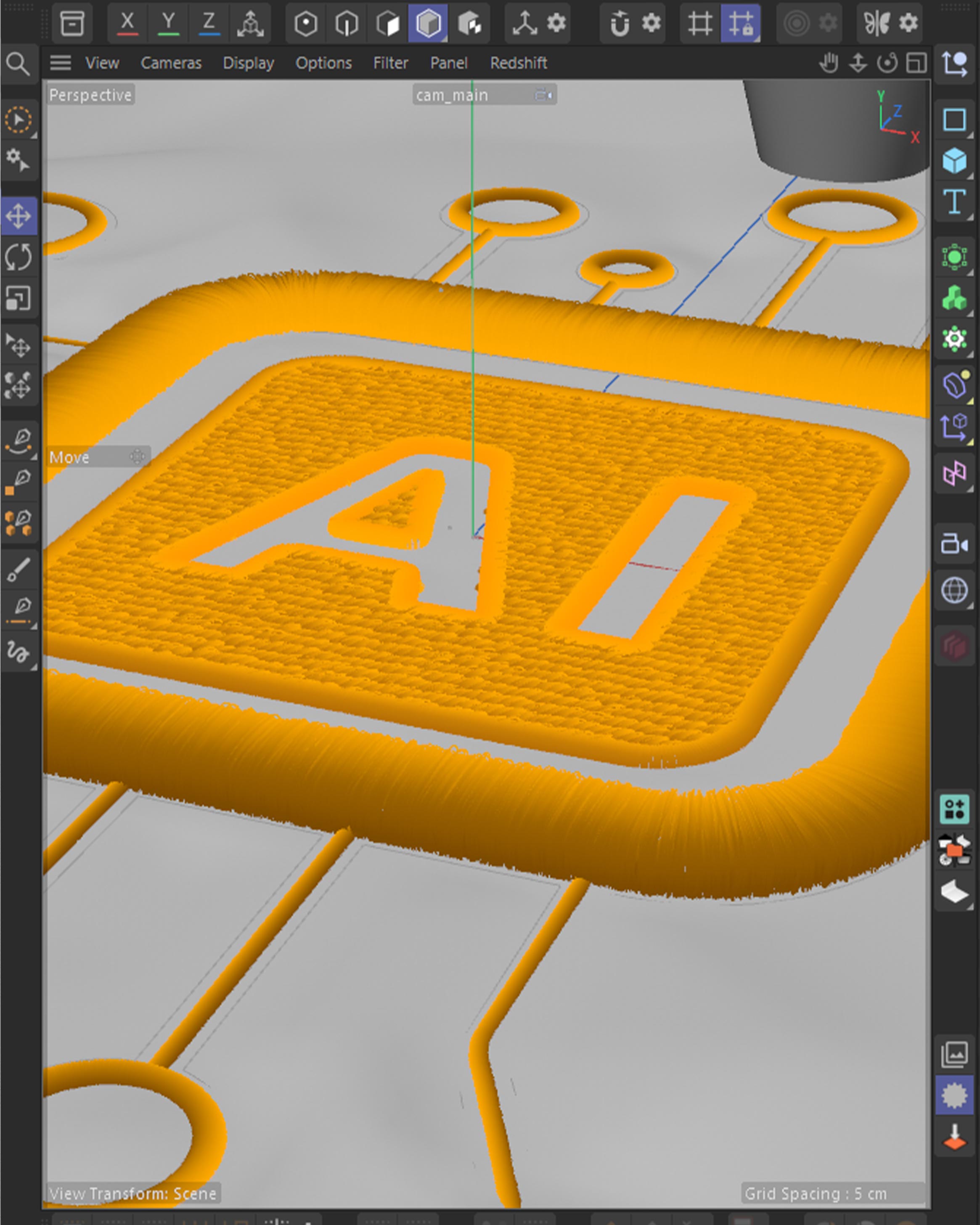 Cinema 4D viewport, displacement detail on the AI chip surface