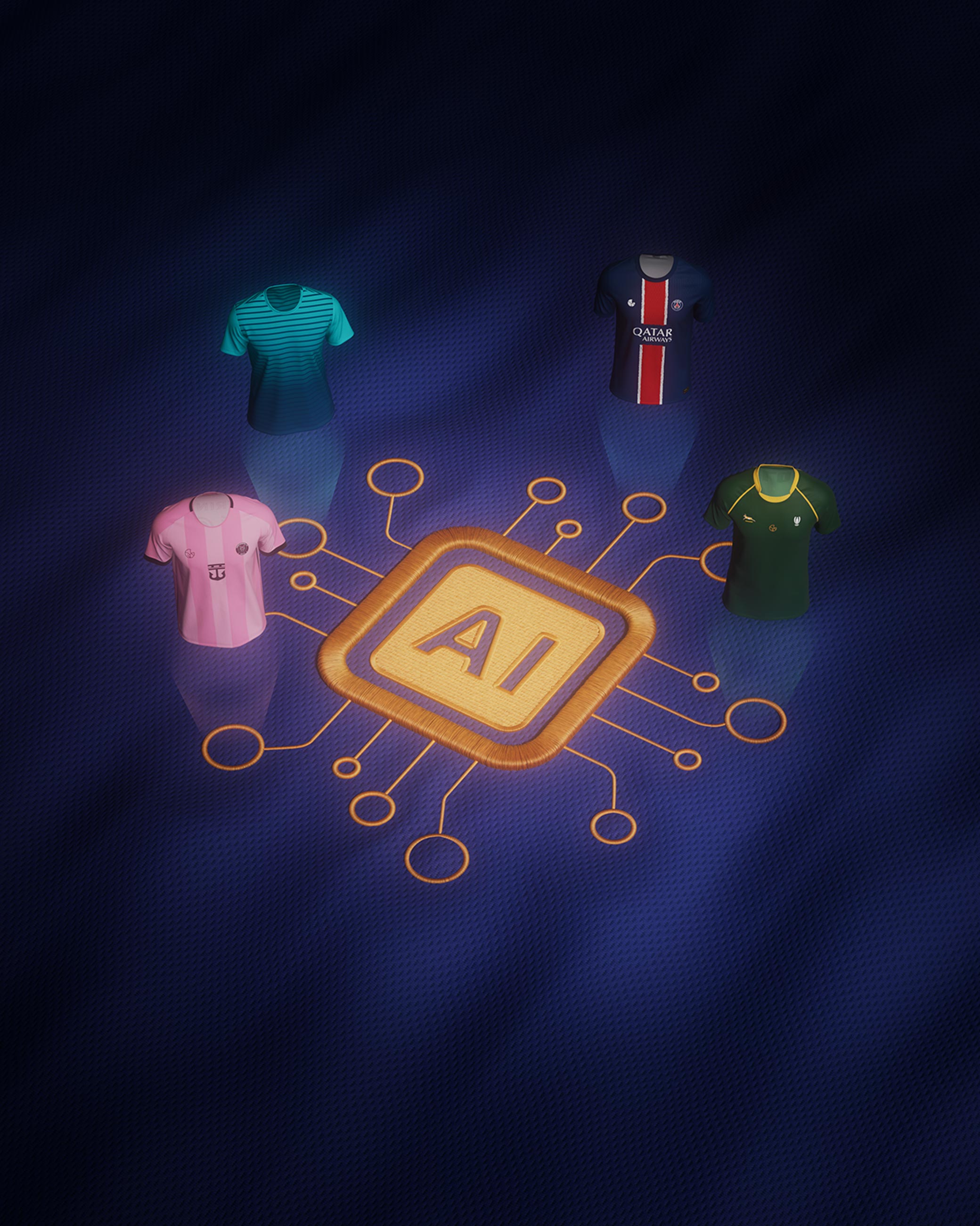 MerchandAise AI Custom Product Designer, an AI chip wired to four custom jerseys, photoreal CGI render