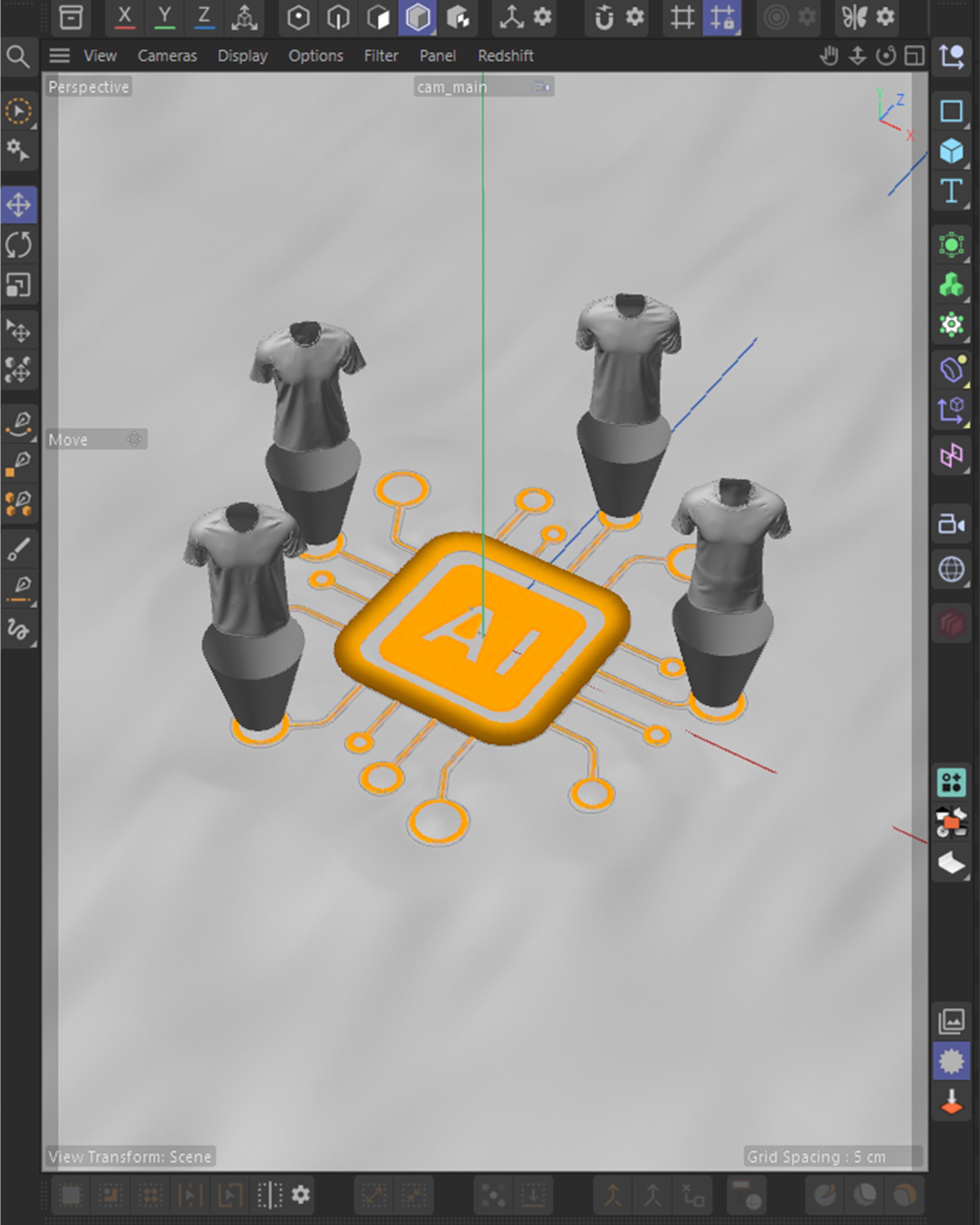 Cinema 4D viewport, AI chip and jersey busts laid out for the AI designer render