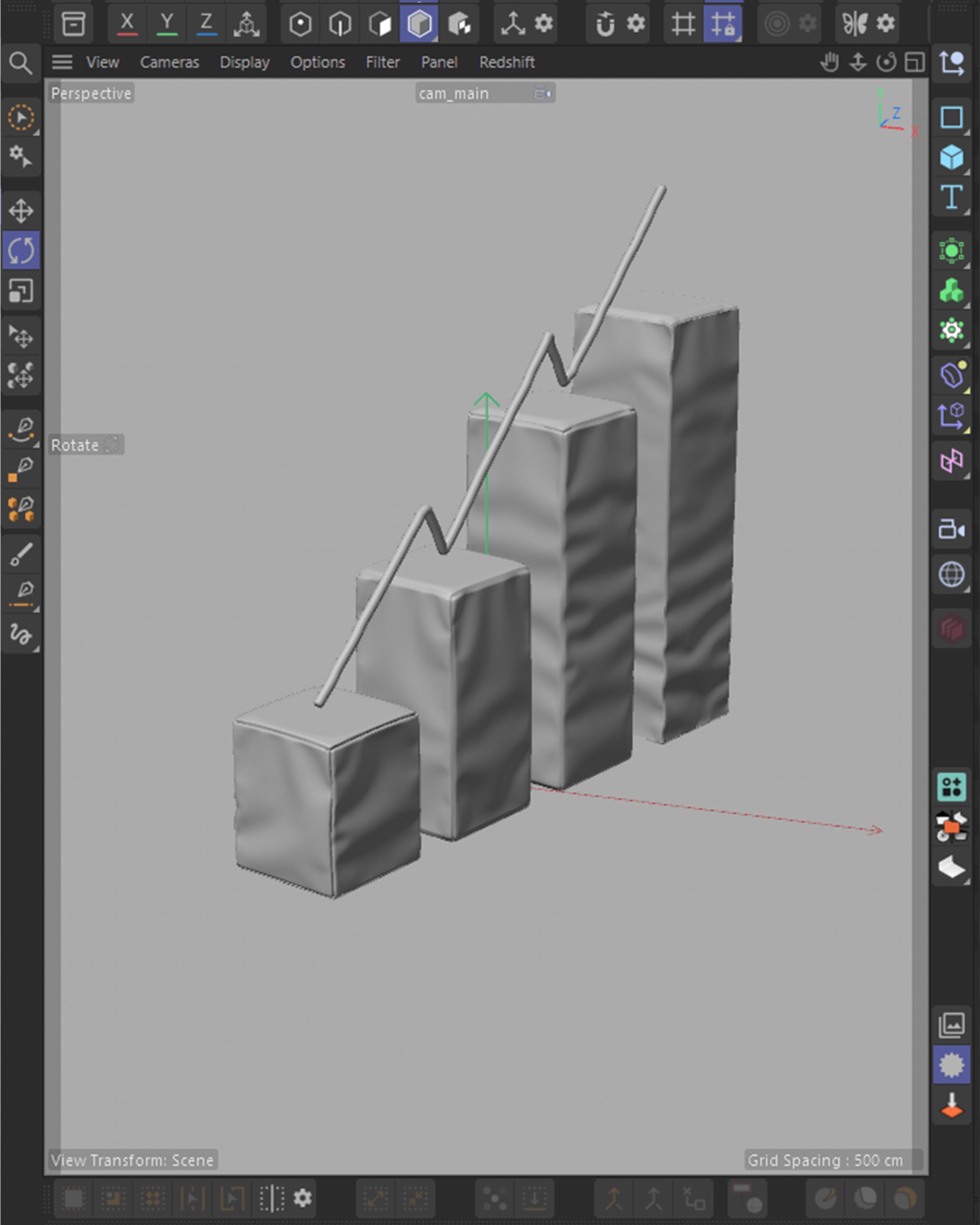 Cinema 4D viewport, clay bar chart with the drawstring trend line for the analytics render