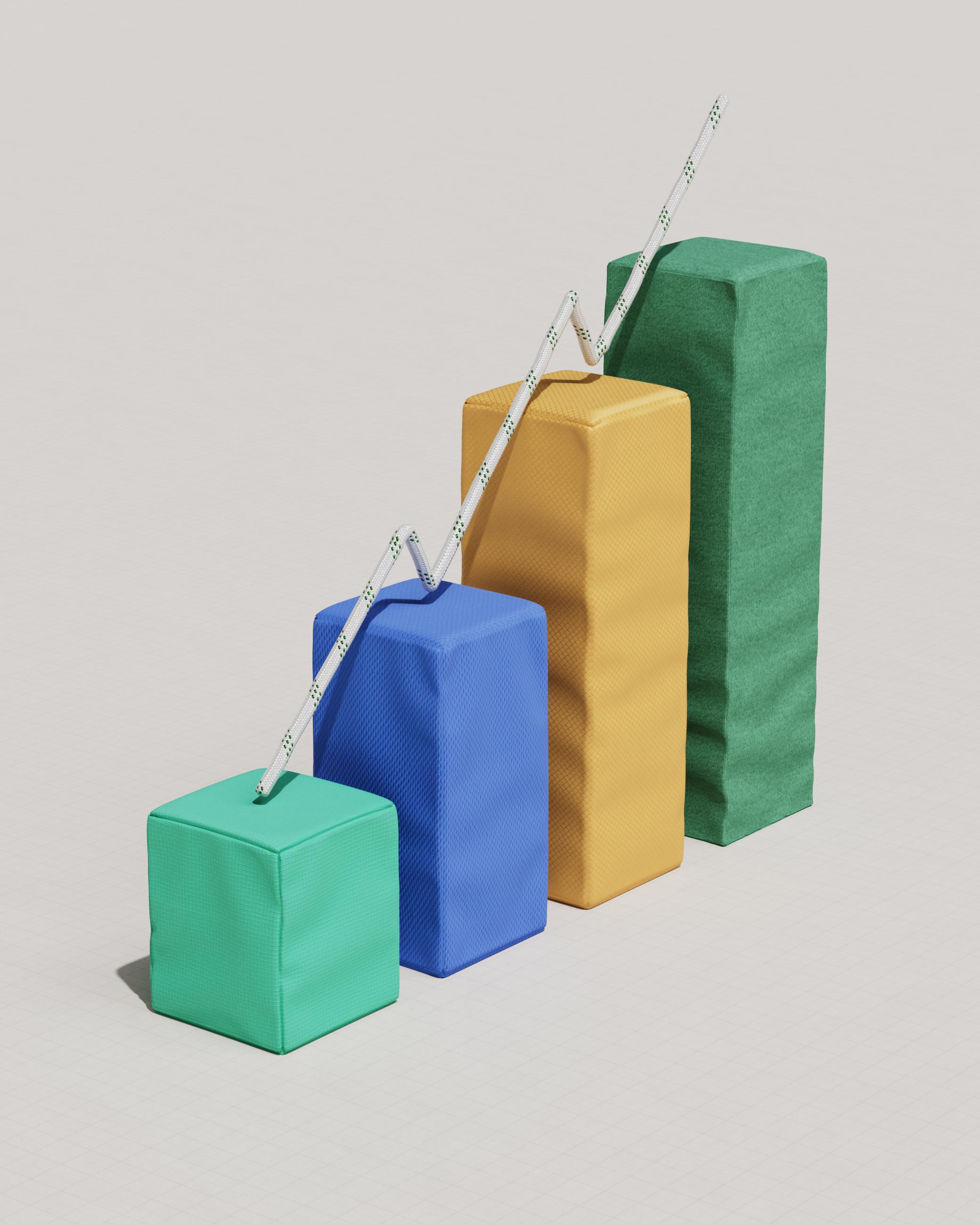 MerchandAise analytics, fabric-wrapped bar chart with a drawstring cord rising as the trend line, CGI render