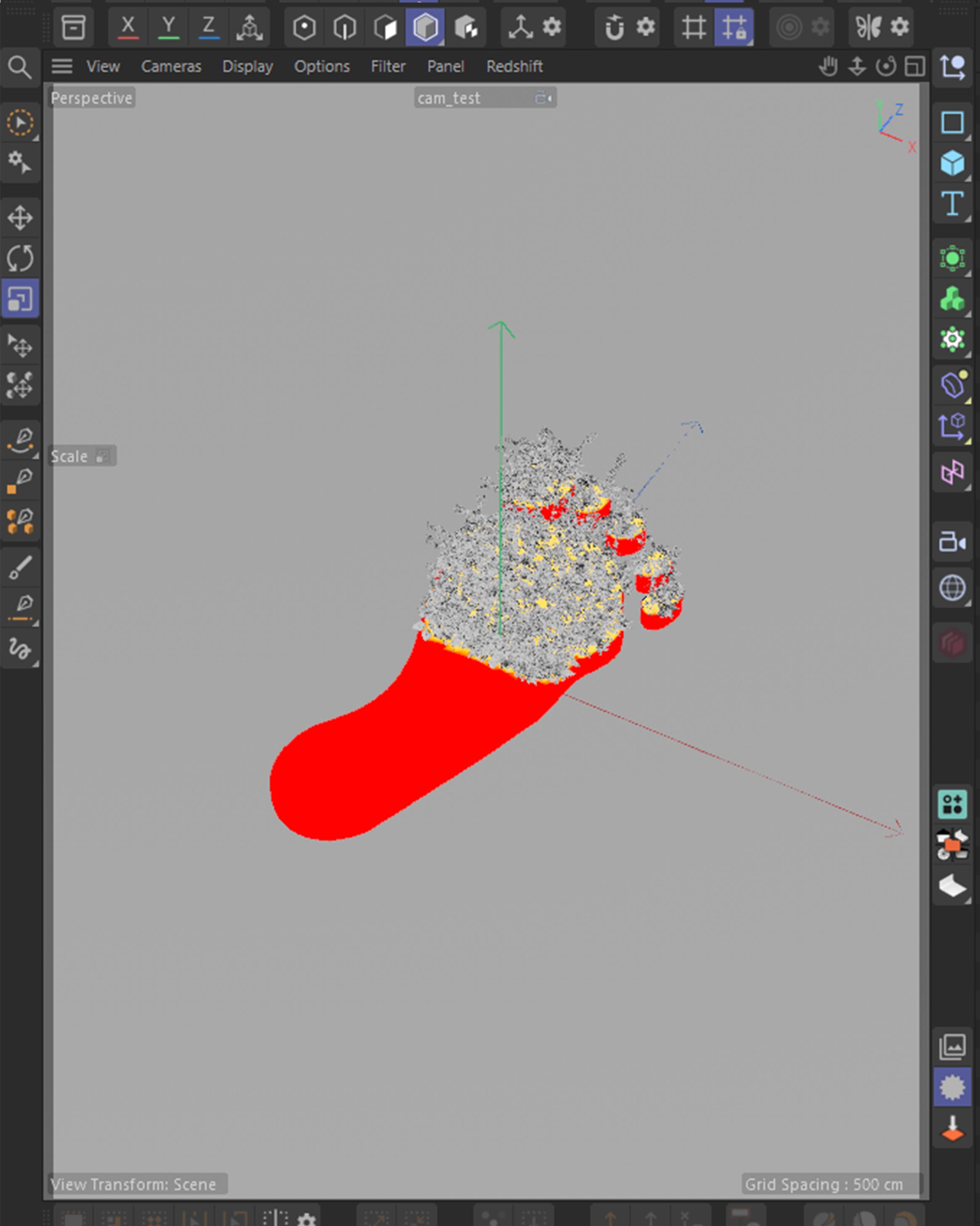 Cinema 4D viewport, scatter setup roughing in the carbon footprint and foliage