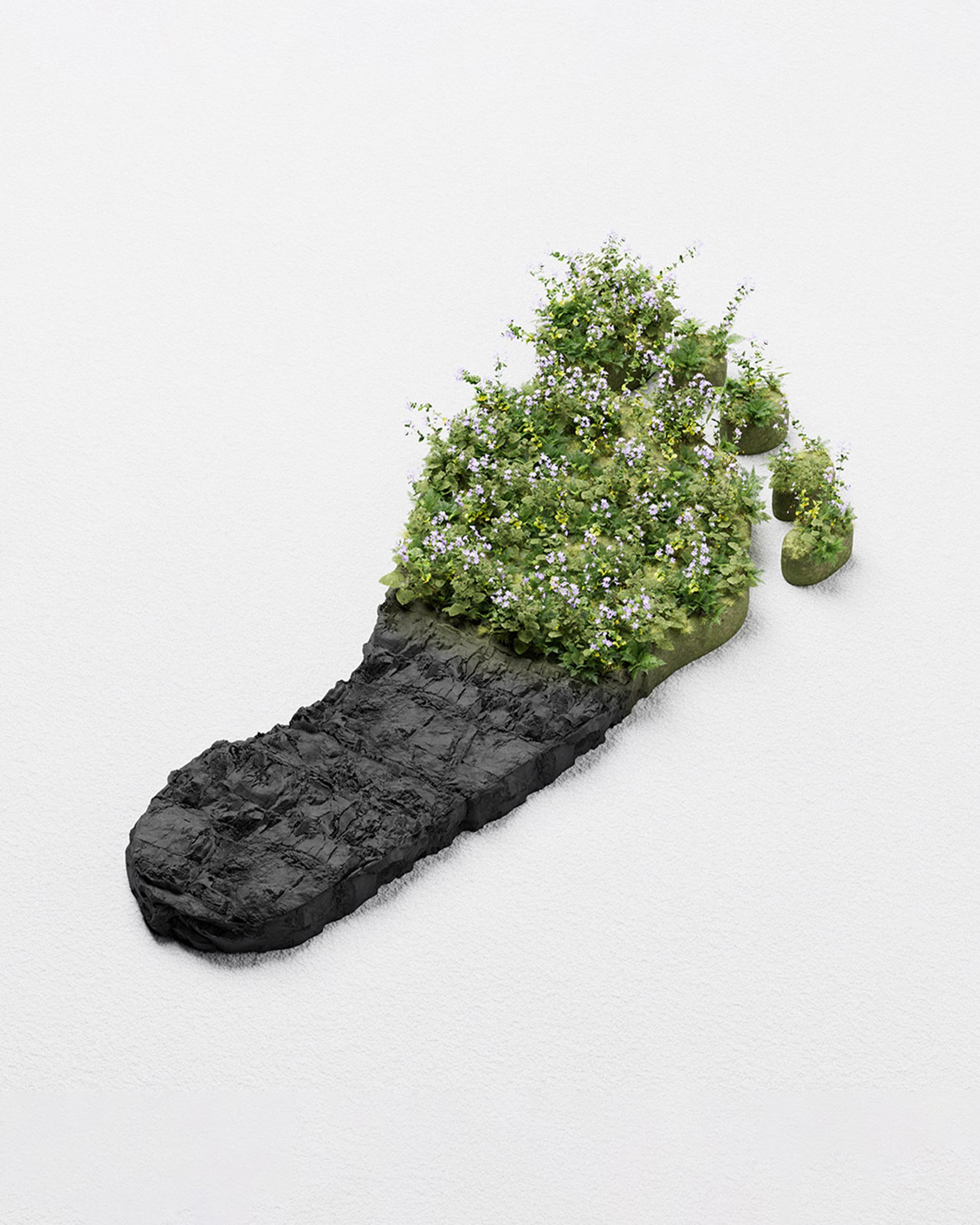 MerchandAise eco impact, a charcoal carbon footprint being reclaimed by flowering foliage, CGI render