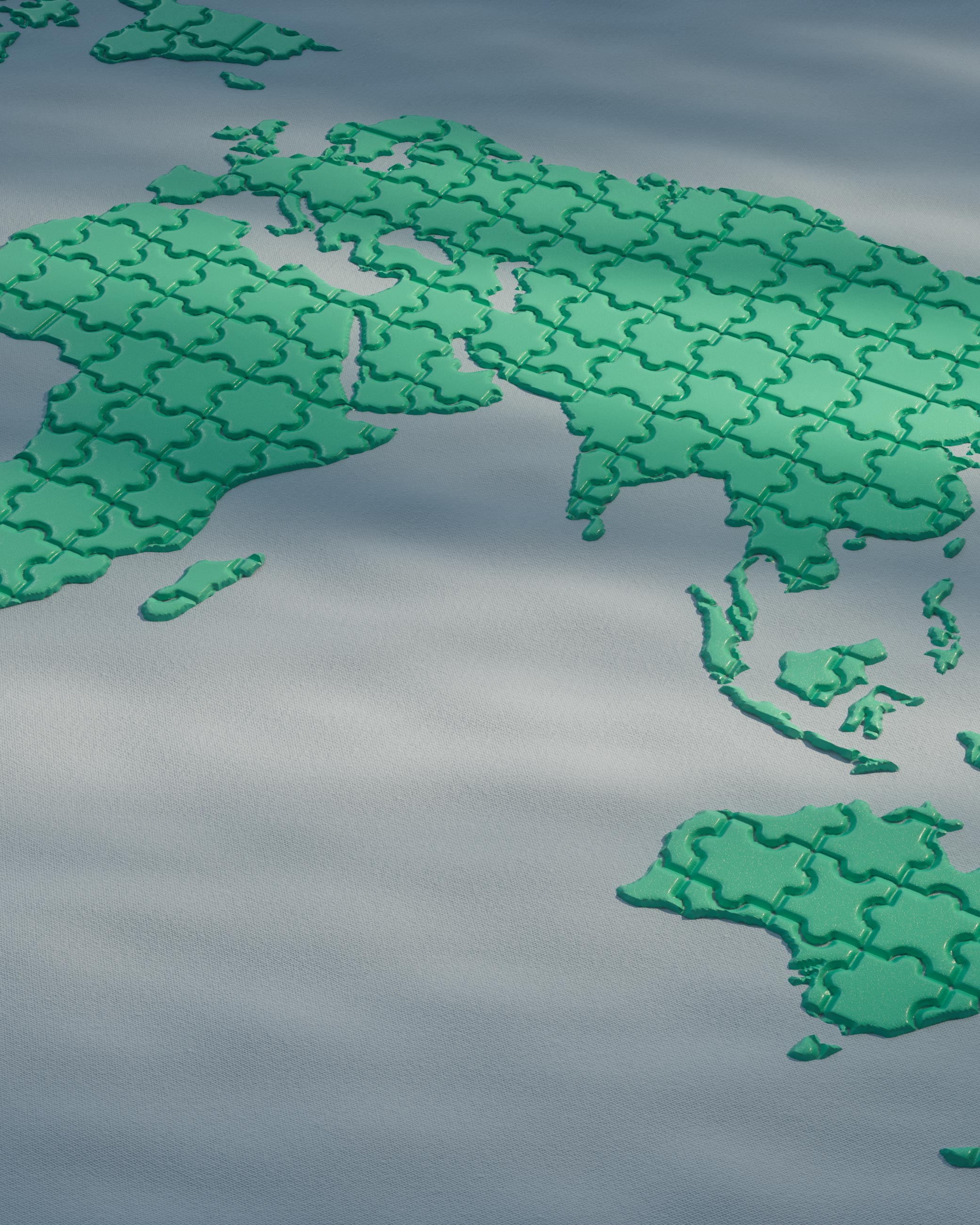 MerchandAise global multilingual, a world map built from interlocking green puzzle pieces, CGI render