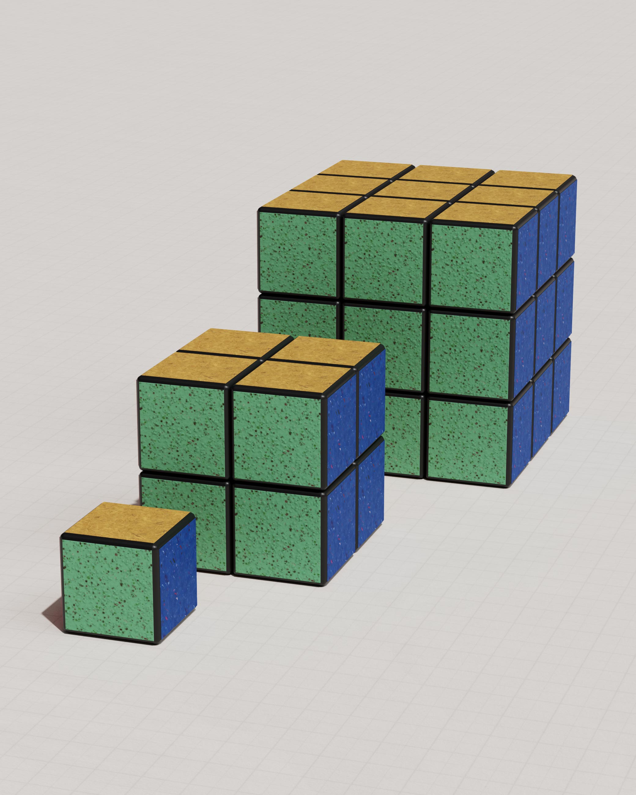 MerchandAise scalable bulk order, recycled-fleck modular blocks growing from one unit to a full cluster, CGI render
