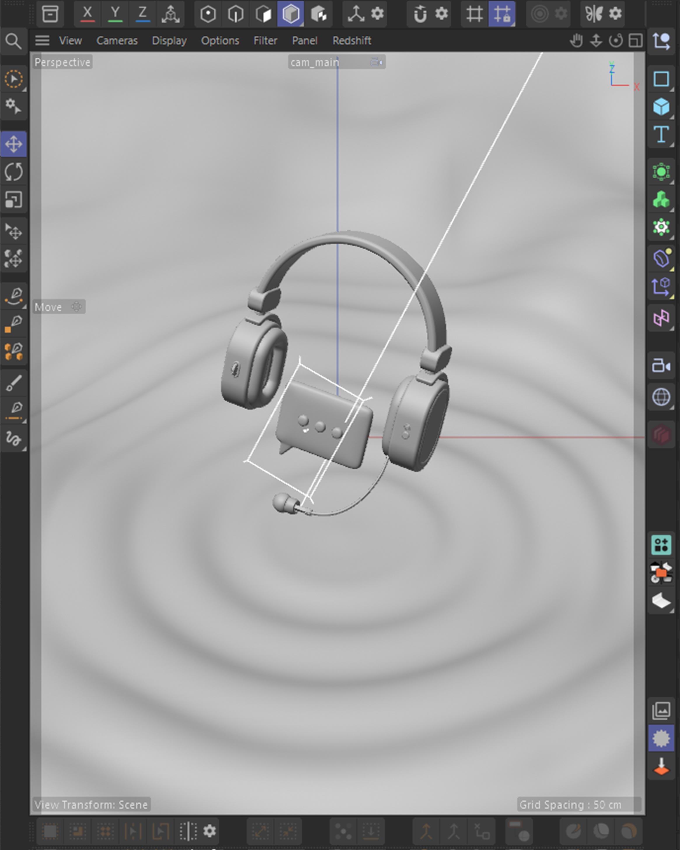 Cinema 4D viewport, clay headset and chat-bubble mic for the support render