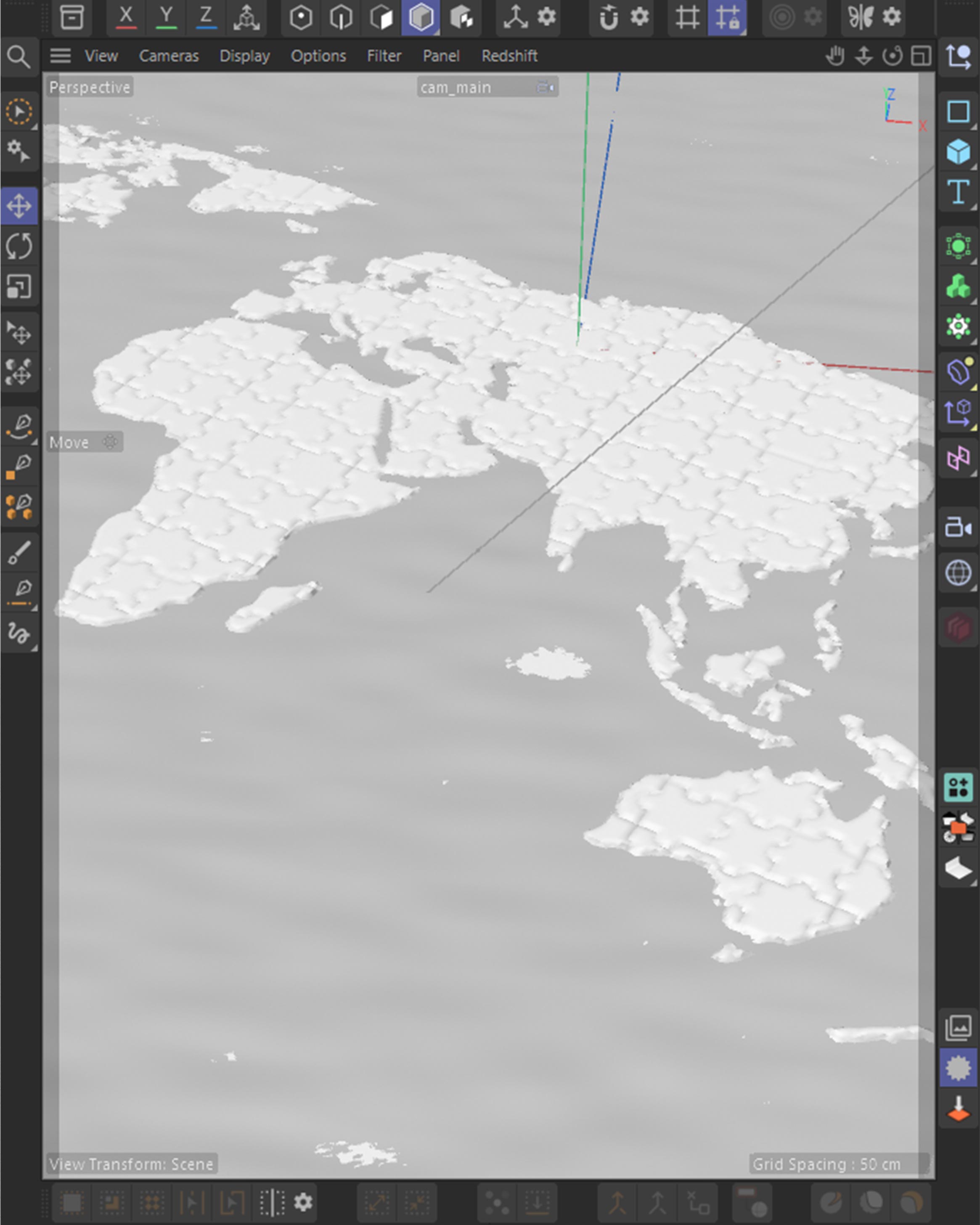 Cinema 4D viewport, clay world map of puzzle pieces for the global platform render