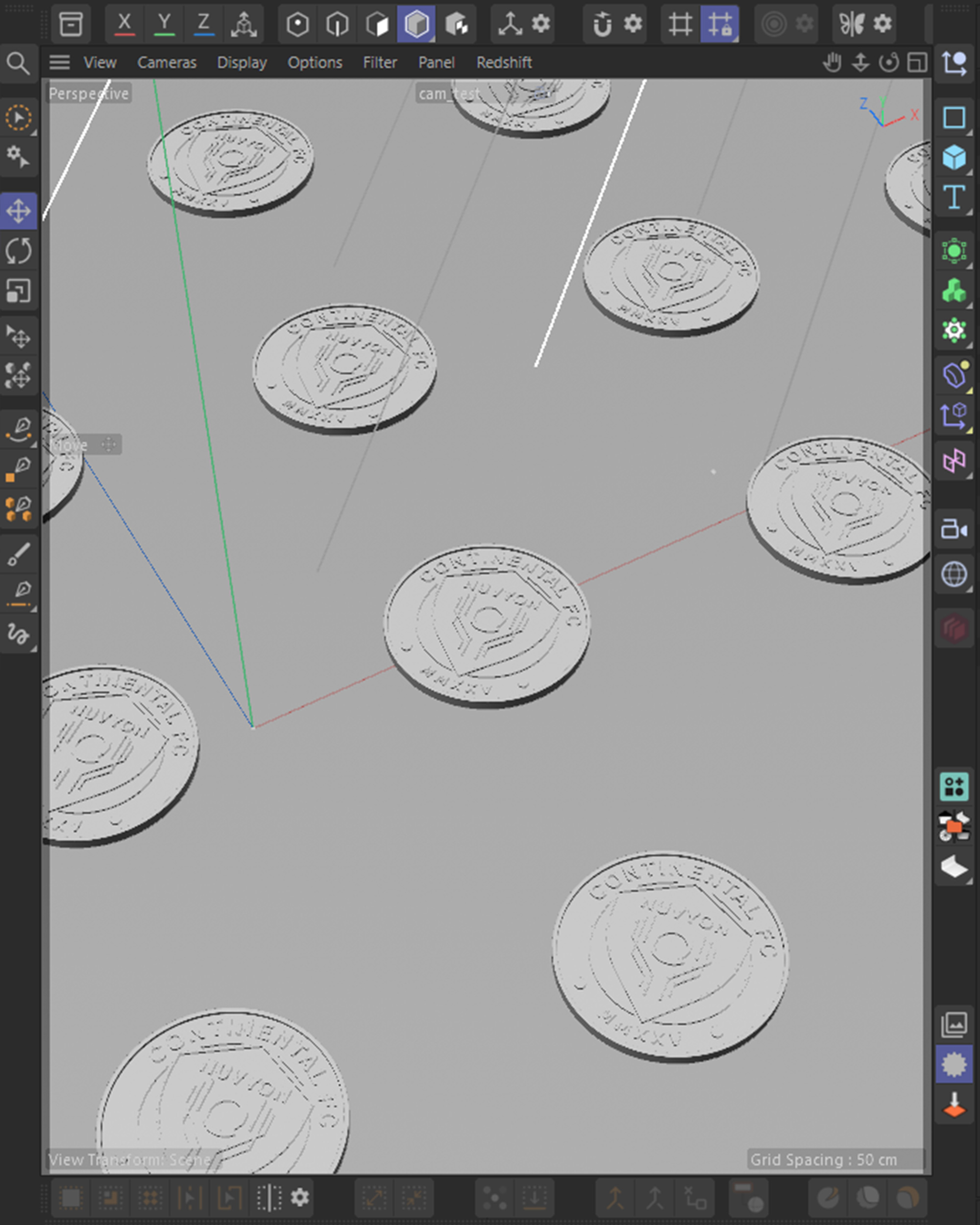 Cinema 4D viewport breakdown of the club badge coins scattered on a surface, clay models