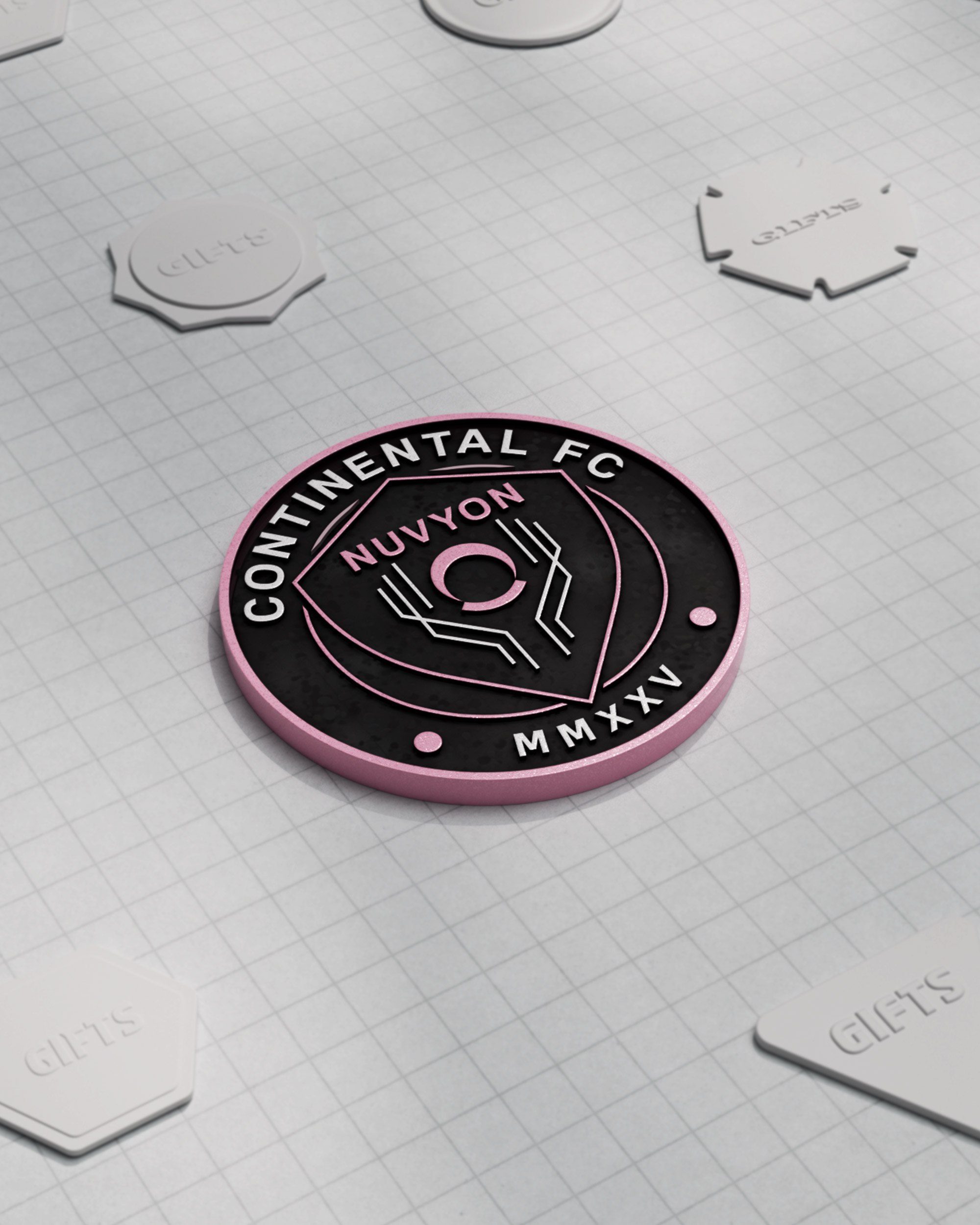 Continental FC NUVYON club badge, pink-rimmed black crest, CGI render