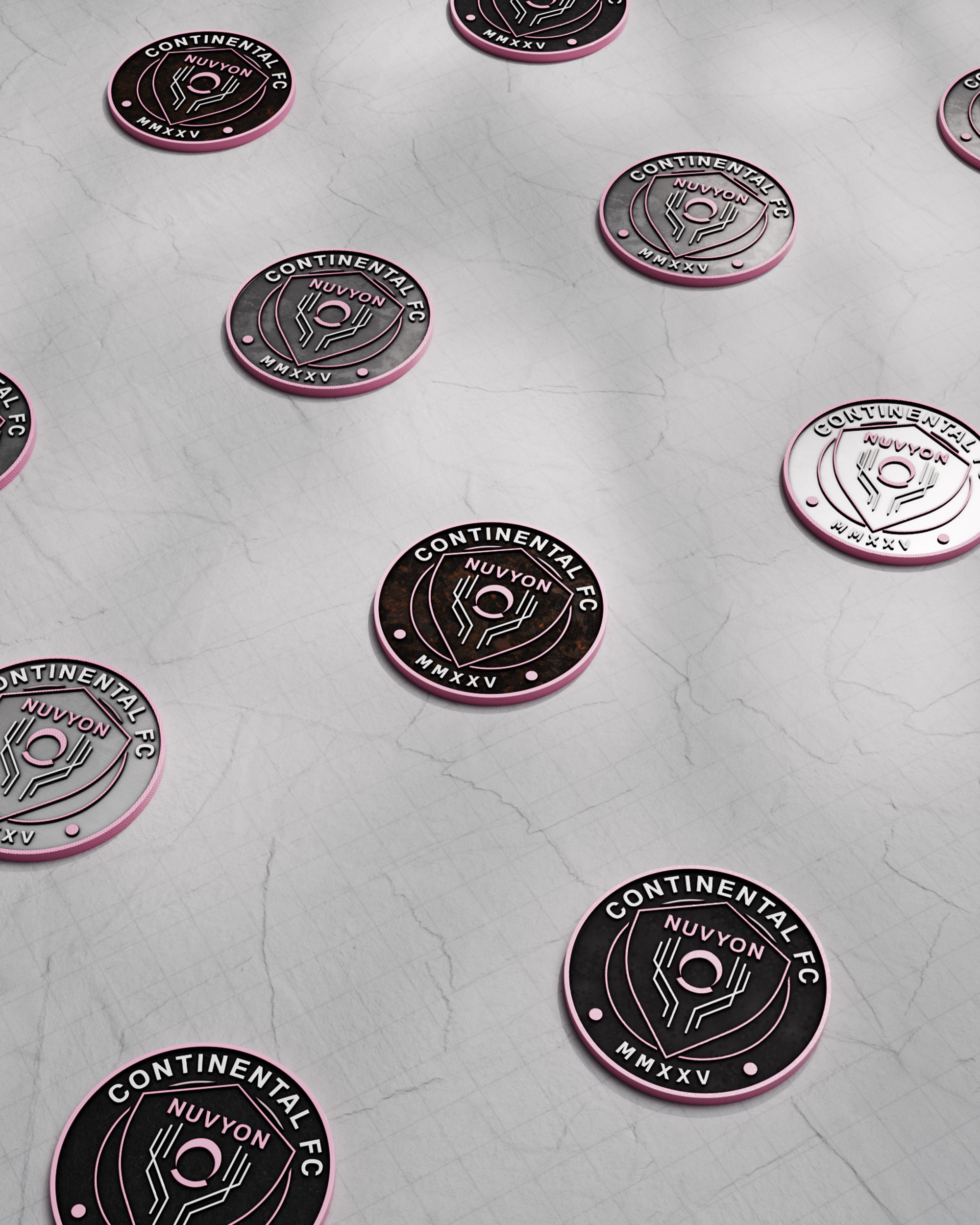 Continental FC NUVYON club badges scattered as embossed coins on a marble surface, 3D render