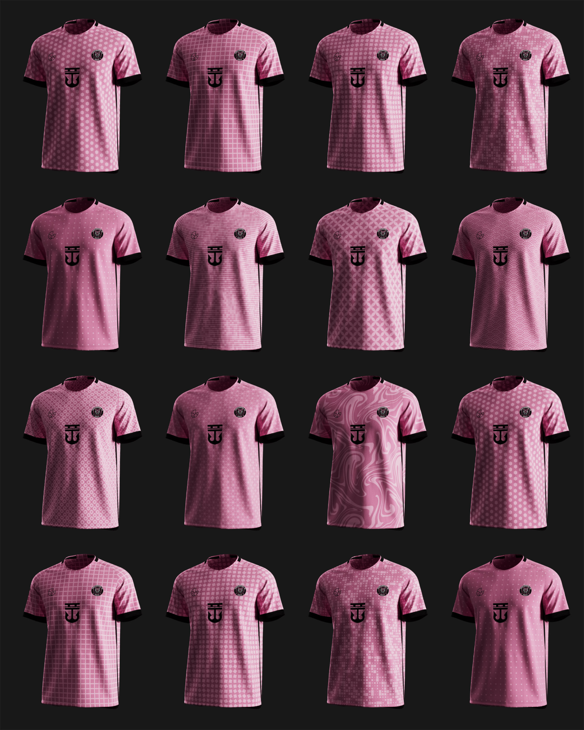 Grid library of Continental FC NUVYON pink kits repeated as a saved teamwear range, 3D render