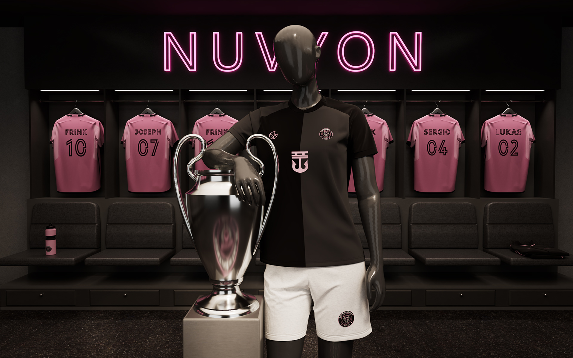 Continental FC NUVYON locker room, mannequin in the black training kit beside a trophy, pink named shirts on the wall under a NUVYON neon, photoreal CGI render