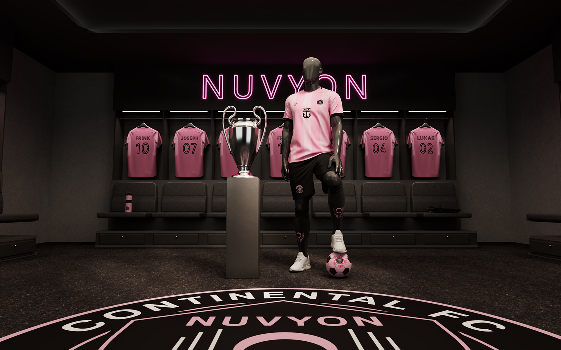 Continental FC NUVYON locker room, mannequin in the pink home kit with a foot on a pink ball, trophy on a plinth and club crest on the floor, photoreal CGI render