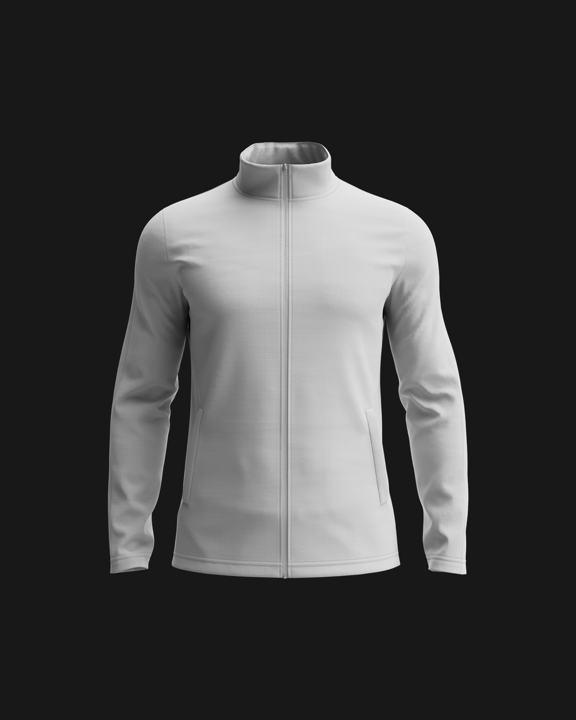 Blank white base track jacket before branding, full-zip with stand collar, photoreal CGI render