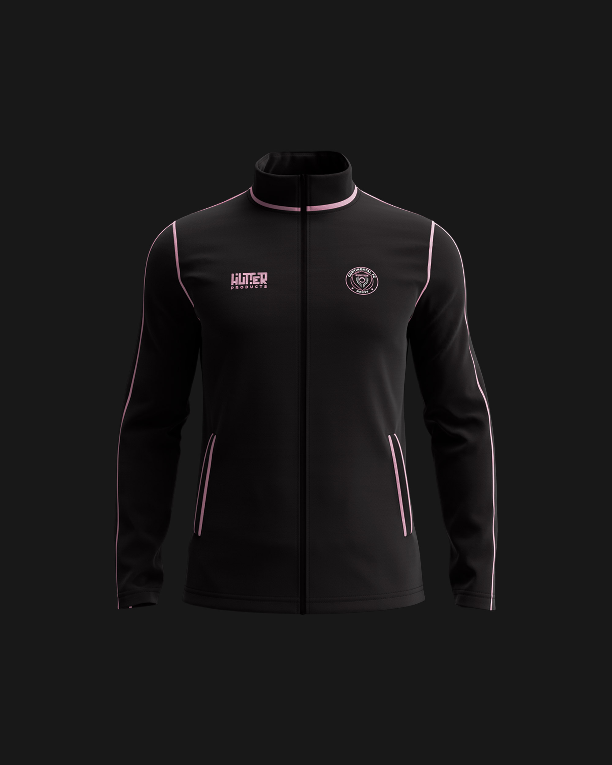 Branded Continental FC NUVYON track jacket, black with pink piping, club crest and Hutter Products sponsor, photoreal CGI render