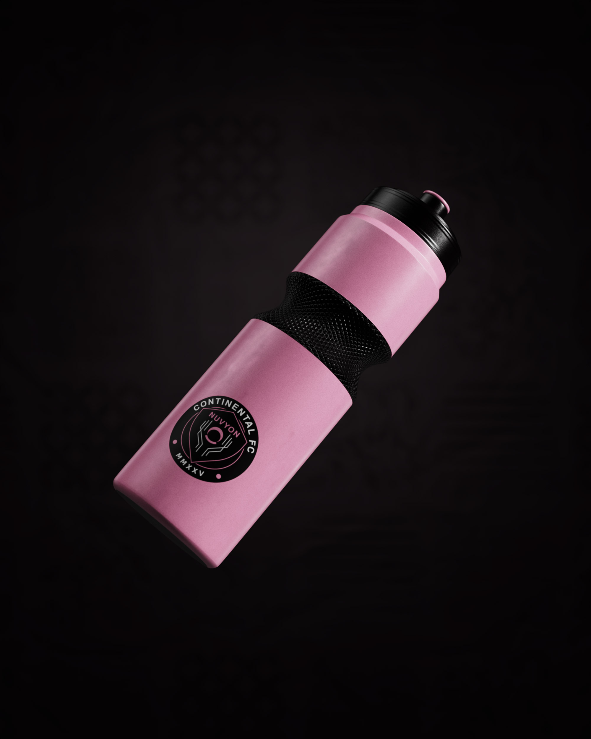 Continental FC NUVYON pink water bottle with club logo on a dark background, 3D product render