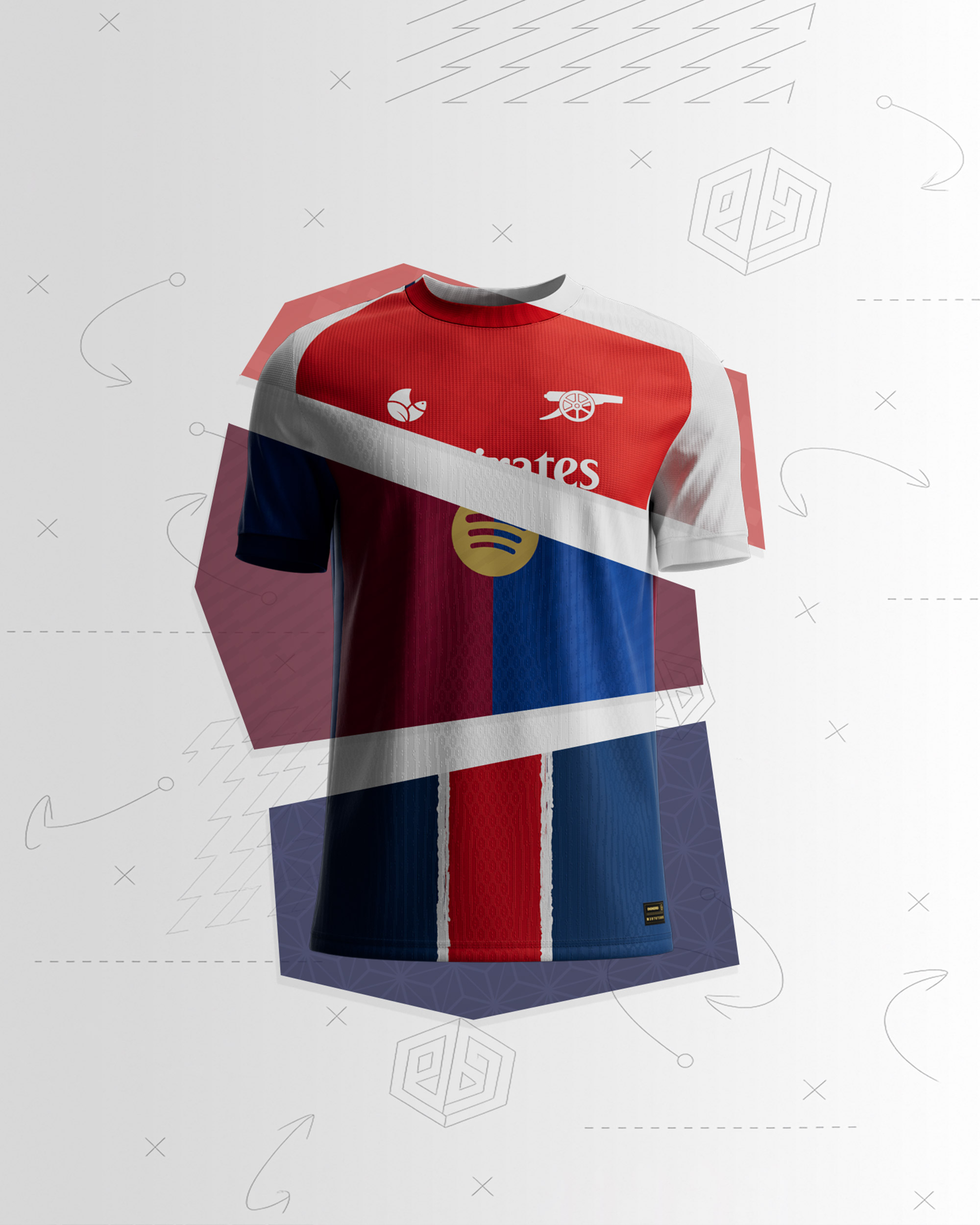 Custom football kit shown as a layered collage of club-style jerseys in red, white and blue, 3D render