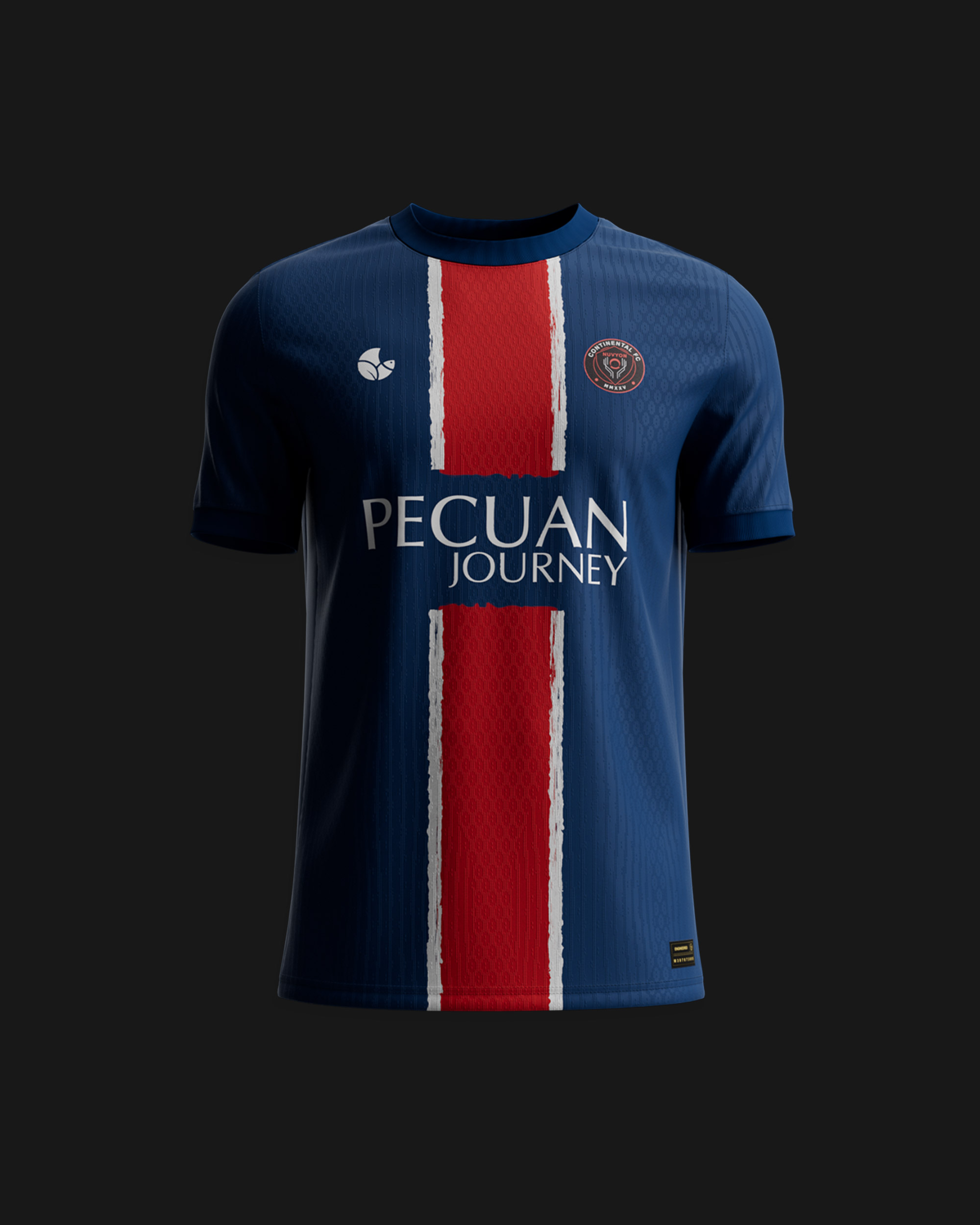 Custom football kit in a navy and red striped club-style colorway, front view, 3D render