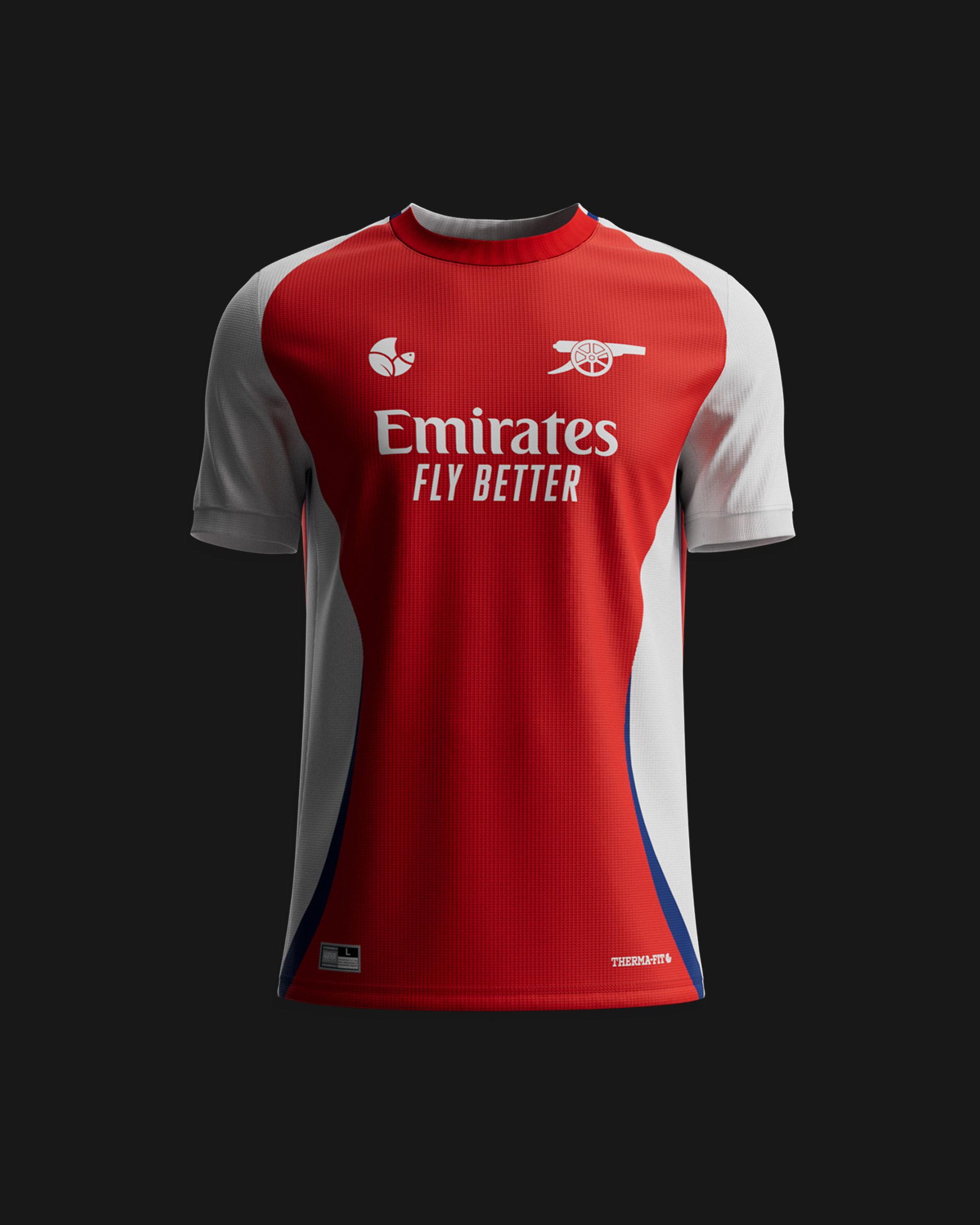 Custom football kit in a red club-style colorway with sponsor placement, front view, 3D render