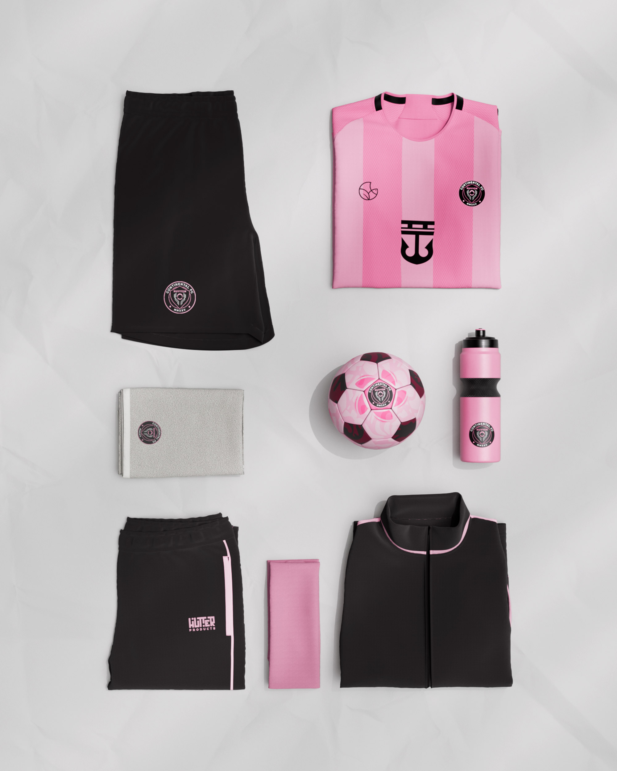 Football club merchandise bundle flat-lay, pink jersey, black shorts and jacket, ball, bottle and accessories, 3D render