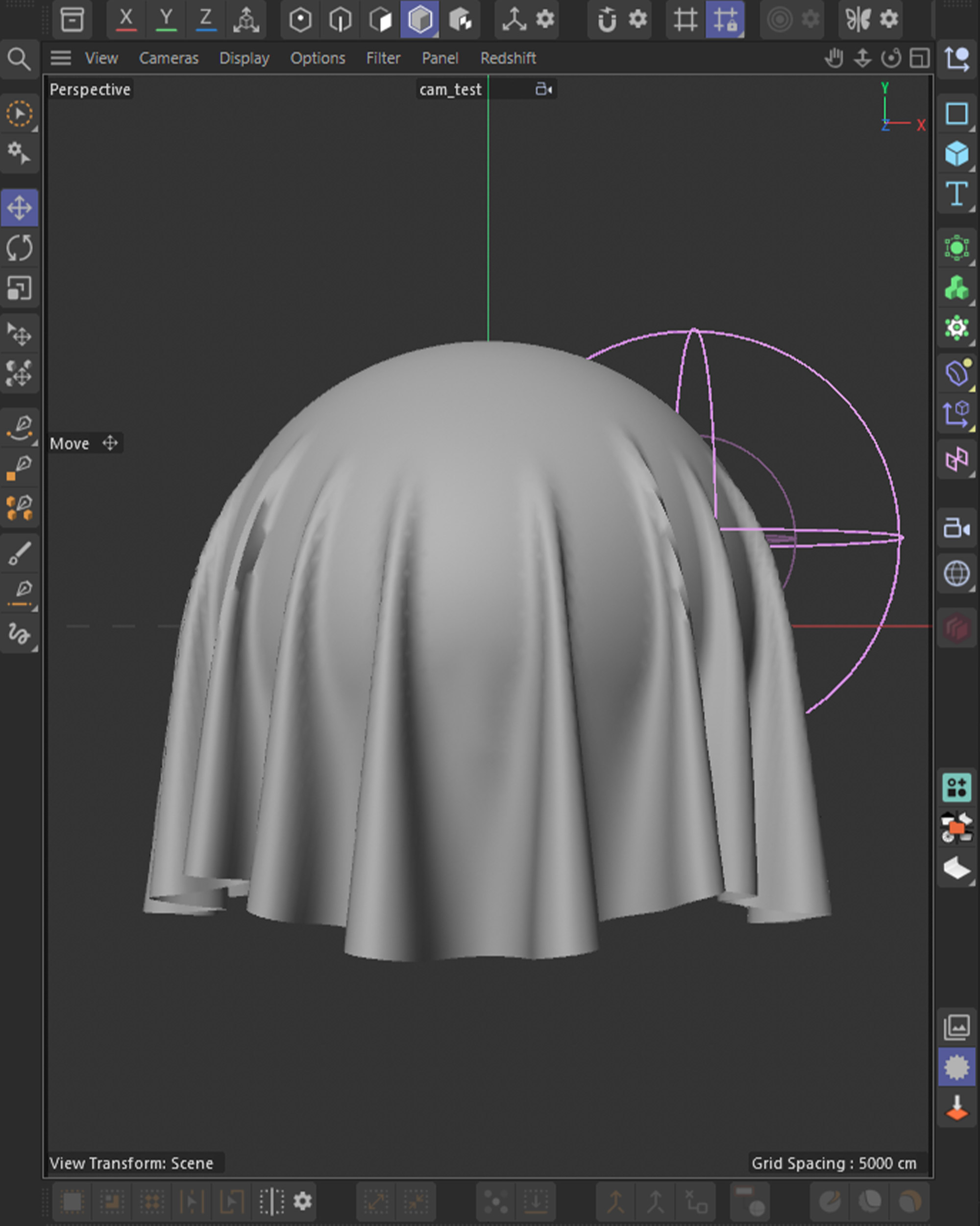 Cinema 4D viewport breakdown of the draped jersey cloth simulation, clay model