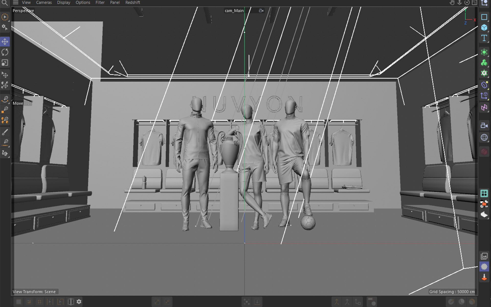 Cinema 4D viewport of the full Continental FC locker-room scene from the main camera, clay mannequins, trophy and jersey wall