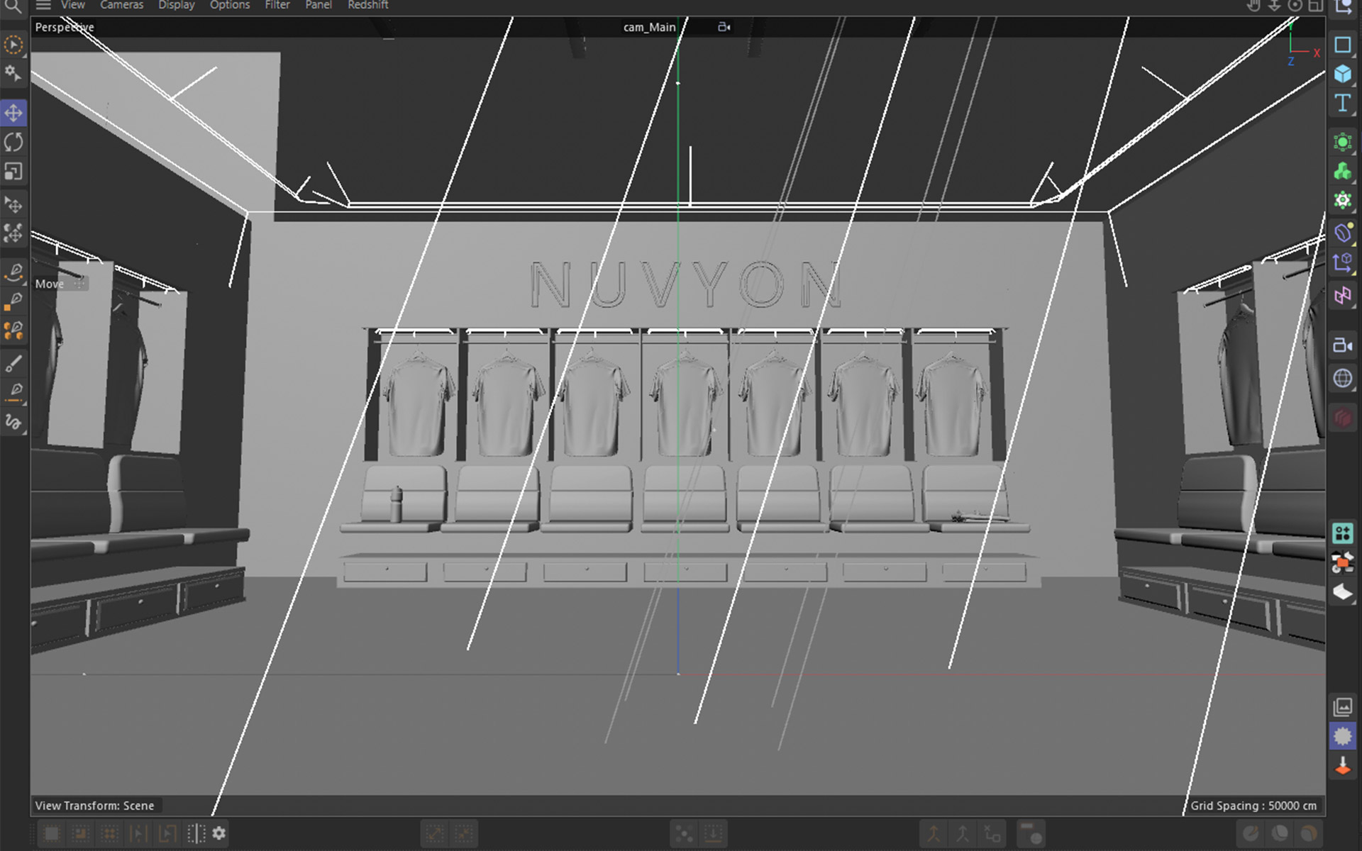 Cinema 4D viewport of the locker-room jersey wall and benches under the NUVYON sign, clay scene