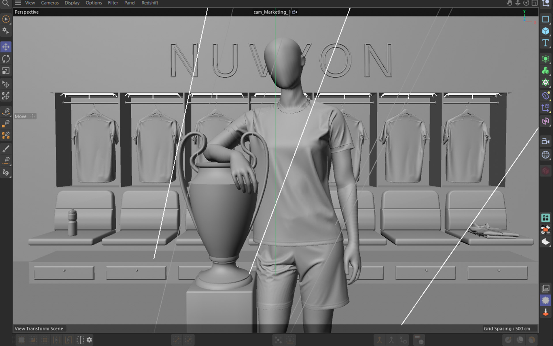 Cinema 4D viewport of the locker-room scene from the first marketing camera, clay mannequin leaning on the trophy