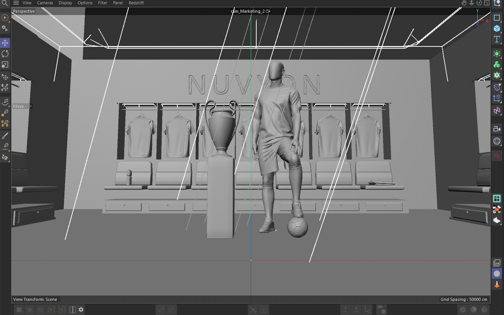 Cinema 4D viewport of the locker-room scene from the second marketing camera, clay mannequin with a foot on the ball