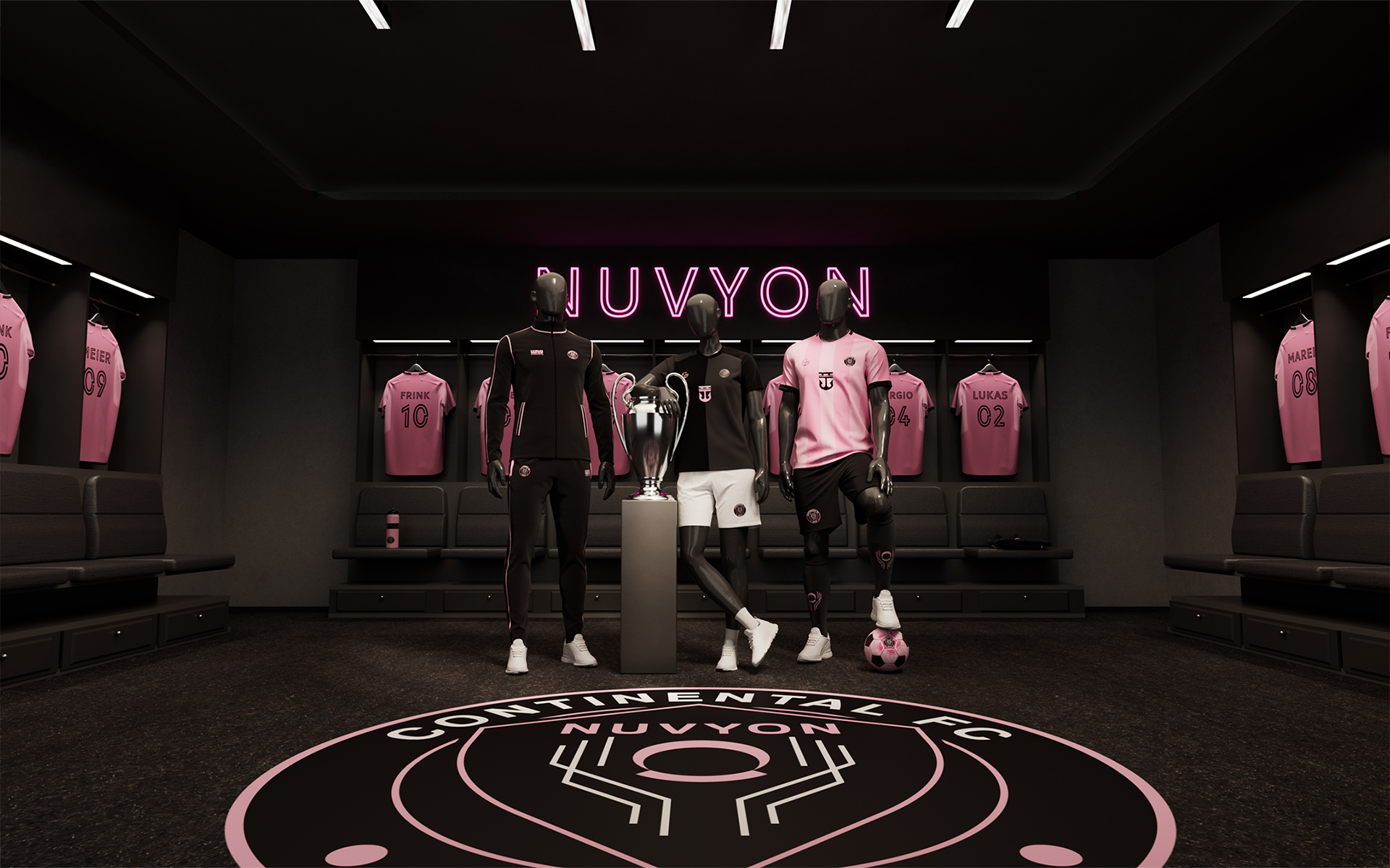 Continental FC NUVYON locker room, three mannequins in custom black, training and pink kits around a trophy, pink club jerseys on the wall under a NUVYON neon sign, photoreal CGI render