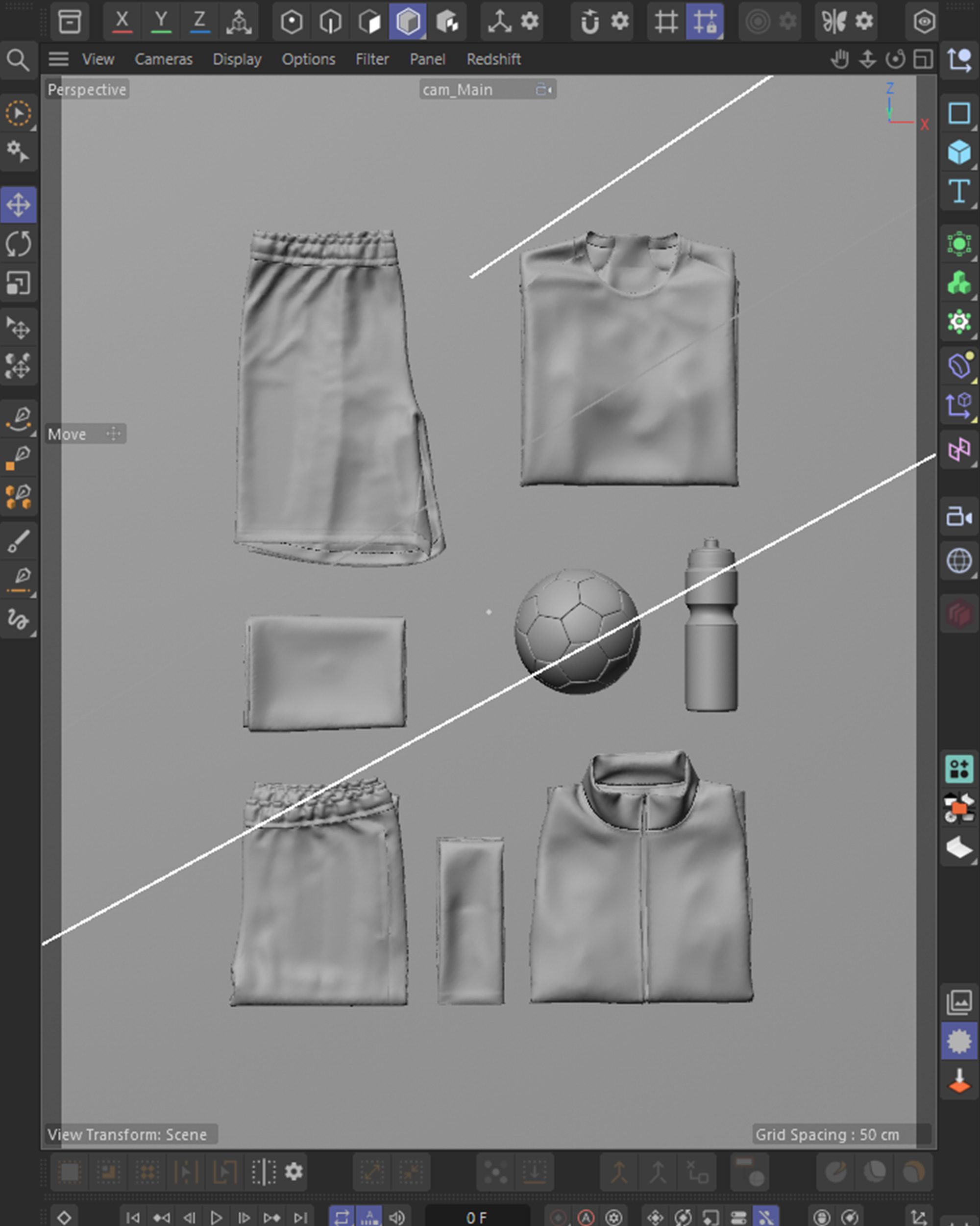 Cinema 4D viewport breakdown of the merchandise bundle layout, clay models