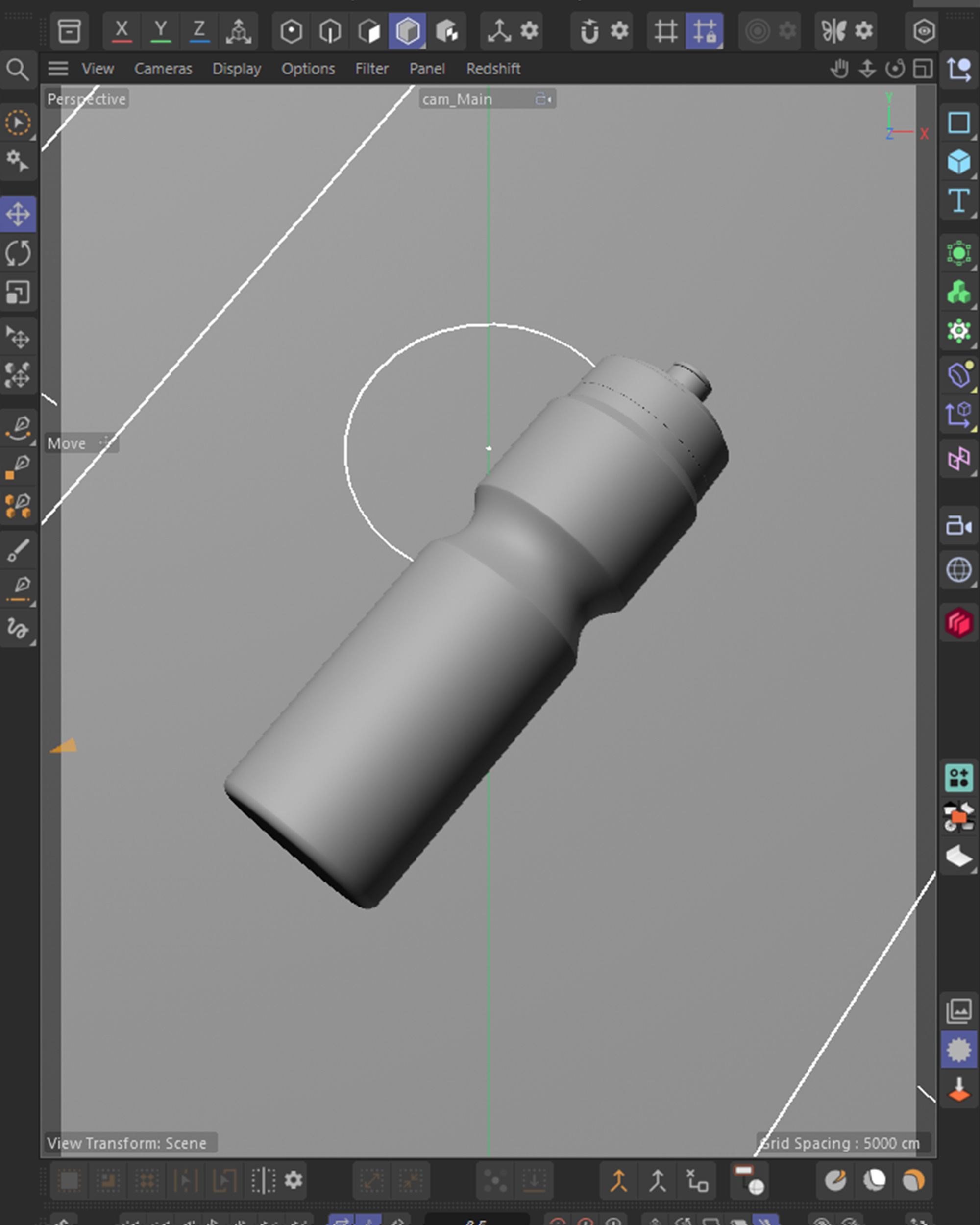 Cinema 4D viewport breakdown of the club water bottle, clay model