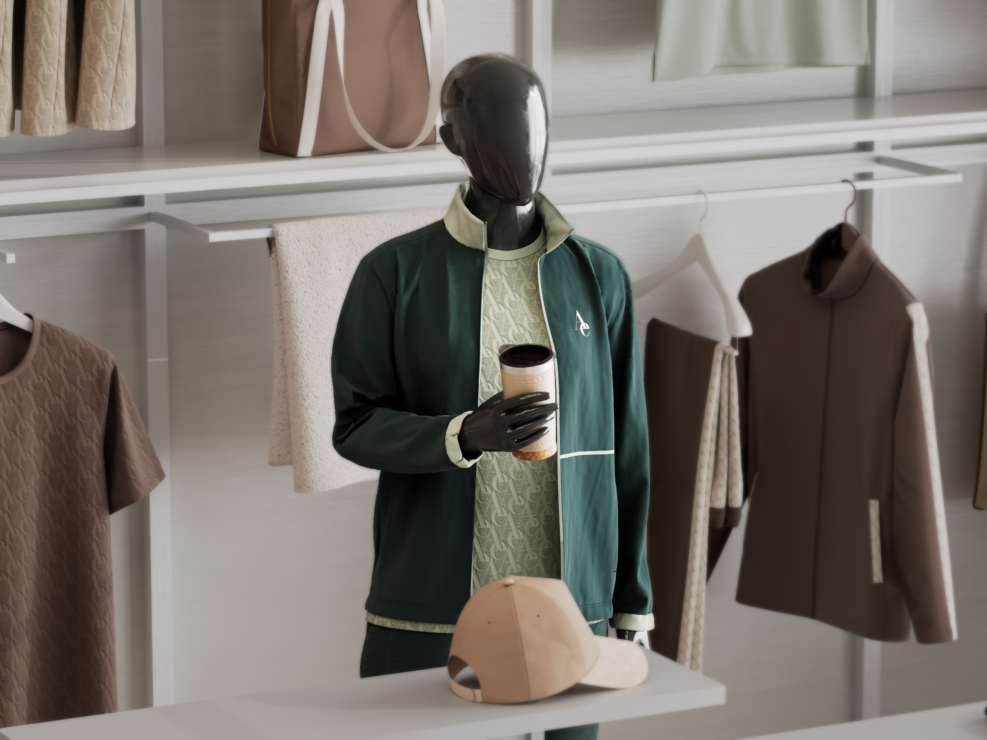 MerchandAise retail branded merchandise, Aetheris store set with a mannequin in the green monogram track jacket holding a branded cup, CGI by Tanzim Rahat